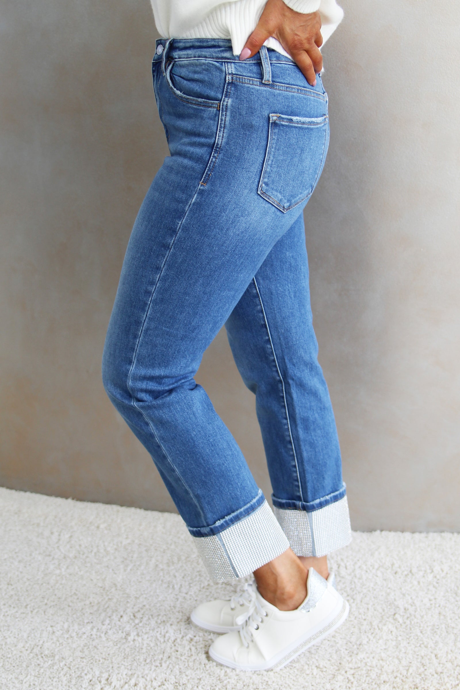 High Rise Slim Straight Leg Jeans w/ All Rhinestone Cuffs