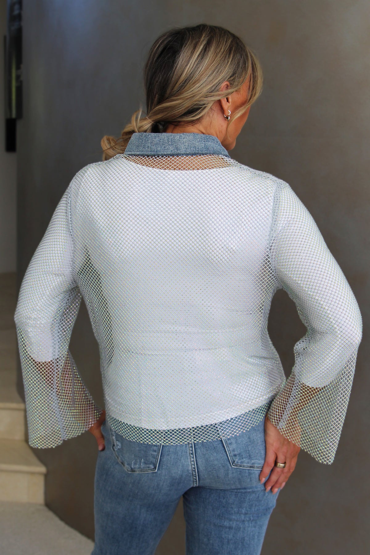 Sheer Mesh & Rhinestone Shirt w/ Denim Trim