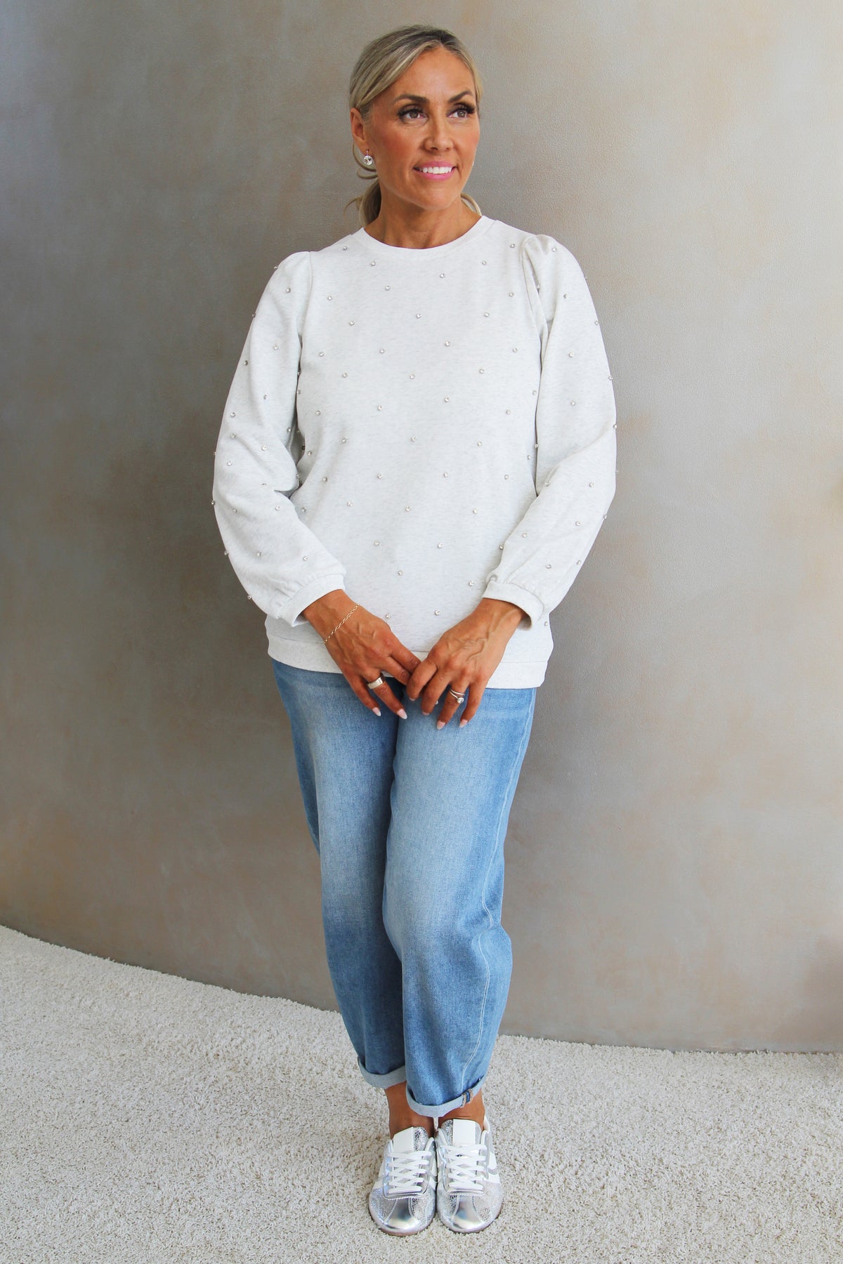 Rhinestone Studded Puffed Long Sleeve Sweatshirt