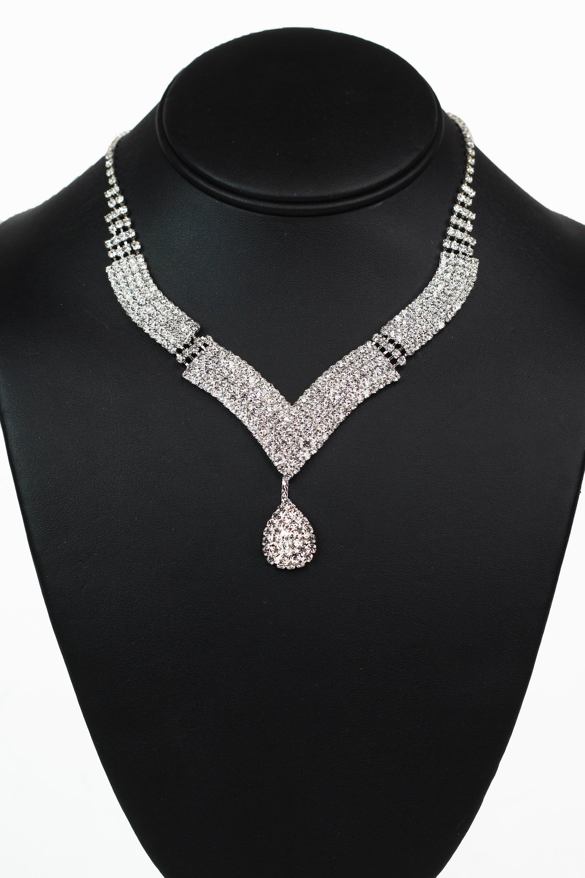 All Pave Rhinestone Rows Necklace w/ Dangling Pave Teardrop - Glitz &amp; Ears Boutique