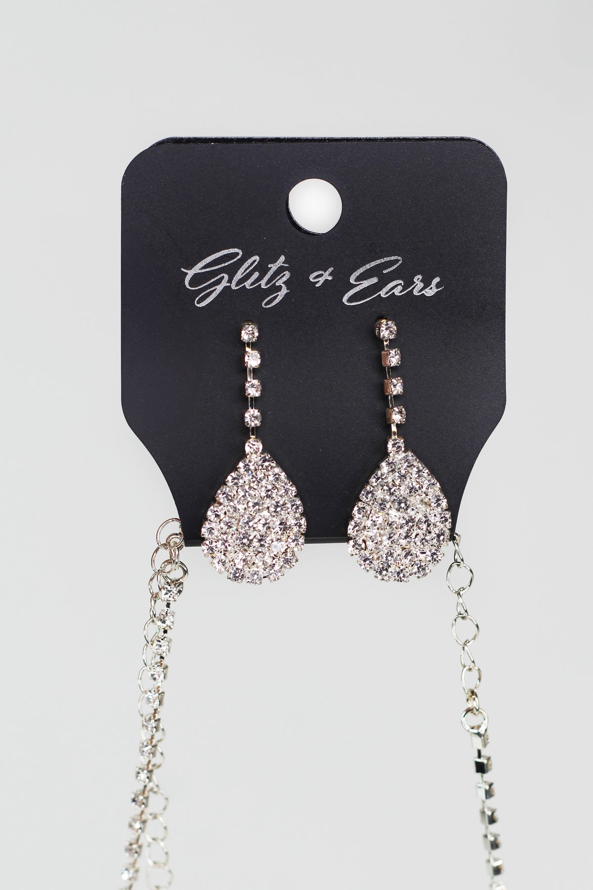 All Pave Rhinestone Rows Necklace w/ Dangling Pave Teardrop - Glitz & Ears Boutique