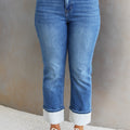 High Rise Slim Straight Leg Jeans w/ All Rhinestone Cuffs
