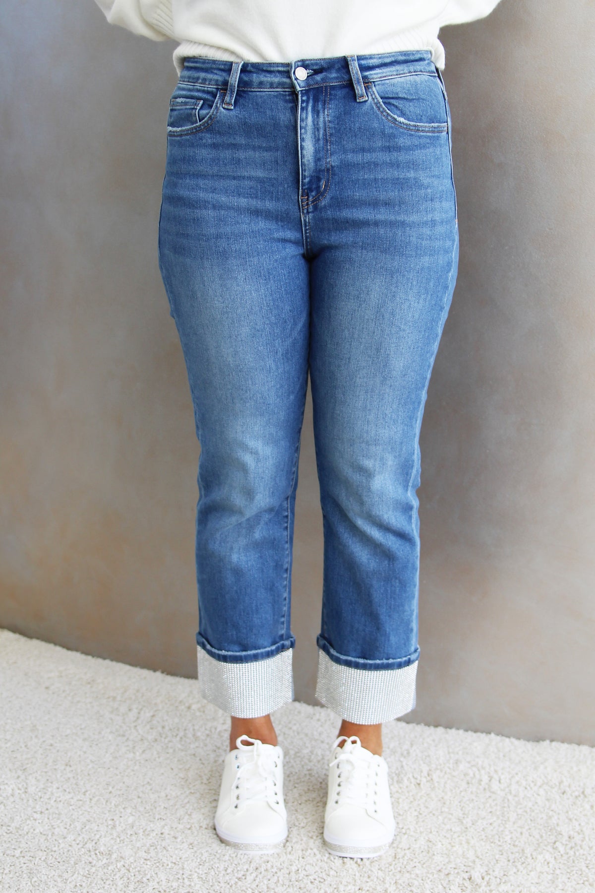 High Rise Slim Straight Leg Jeans w/ All Rhinestone Cuffs