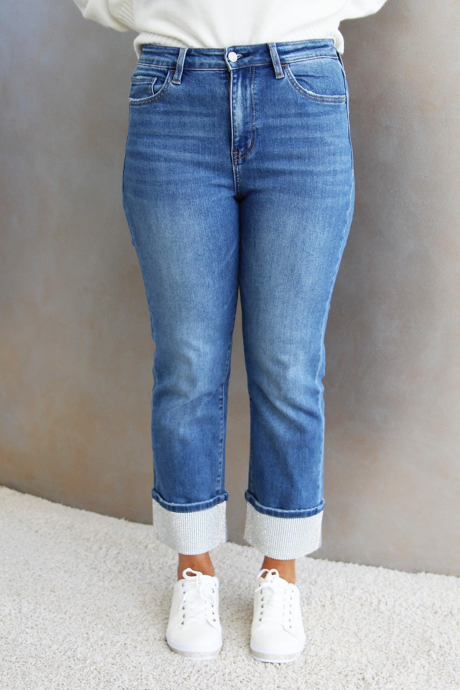 High Rise Slim Straight Leg Jeans w/ All Rhinestone Cuffs