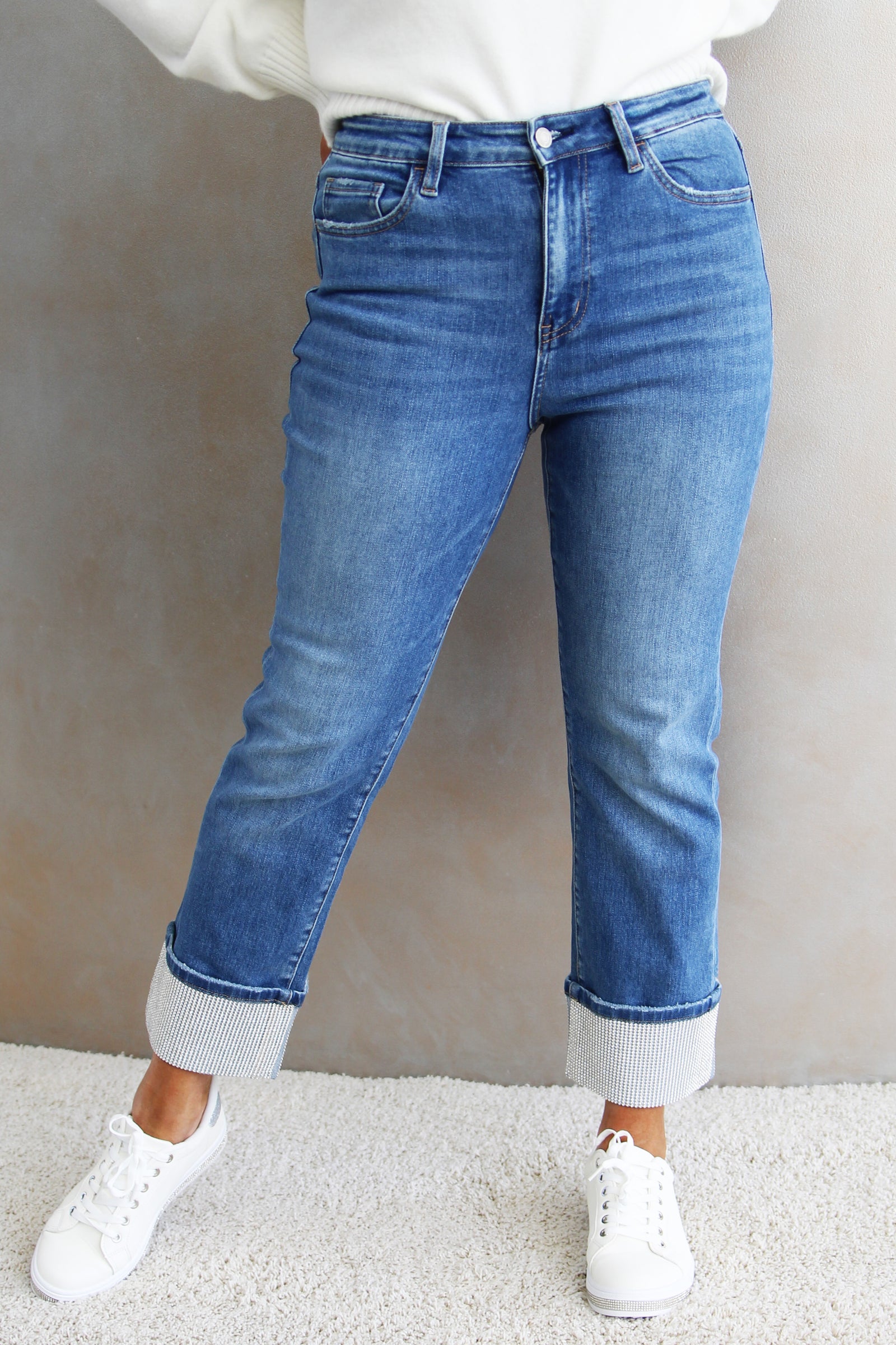 High Rise Slim Straight Leg Jeans w/ All Rhinestone Cuffs