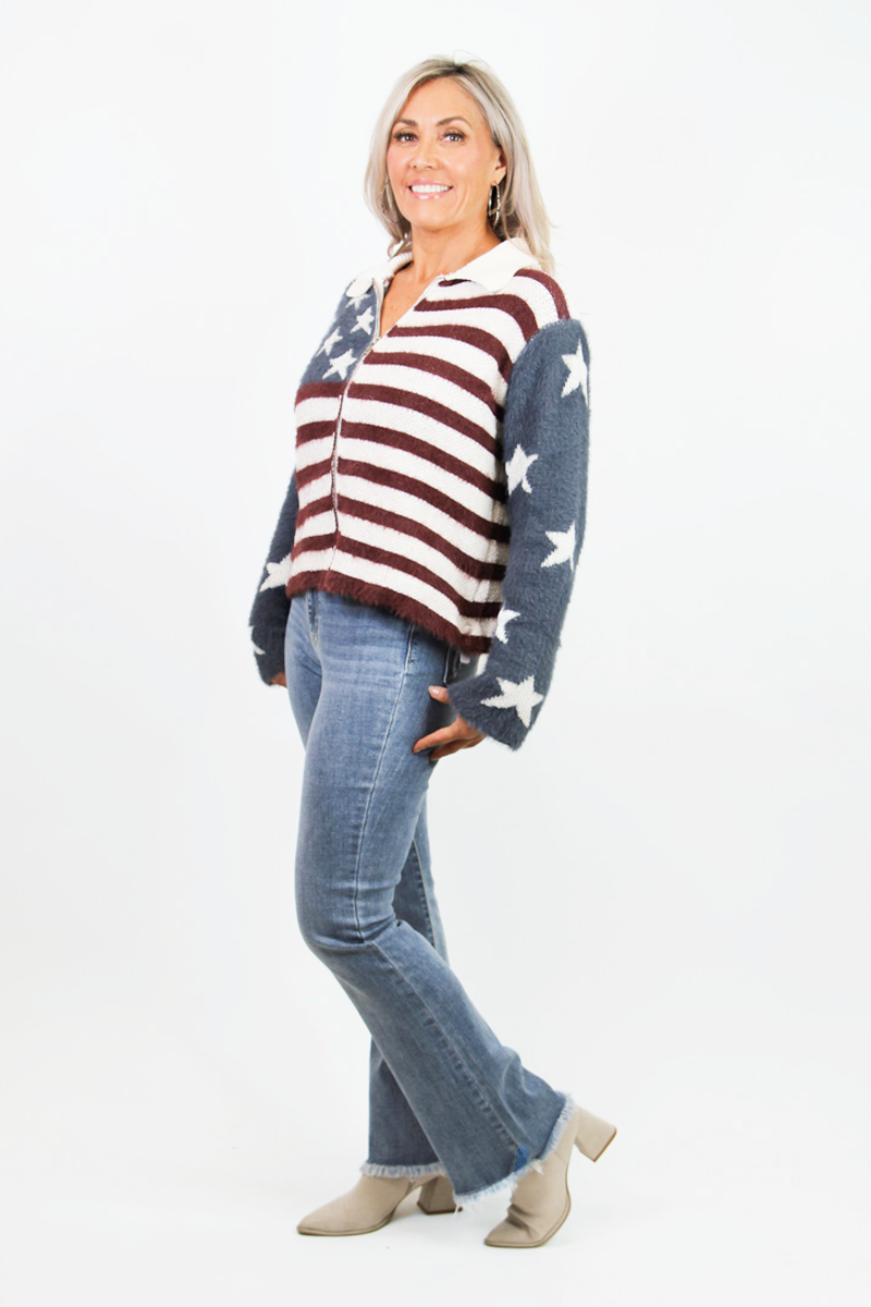 Textured Collared American Flag Full Zip Sweater Jacket