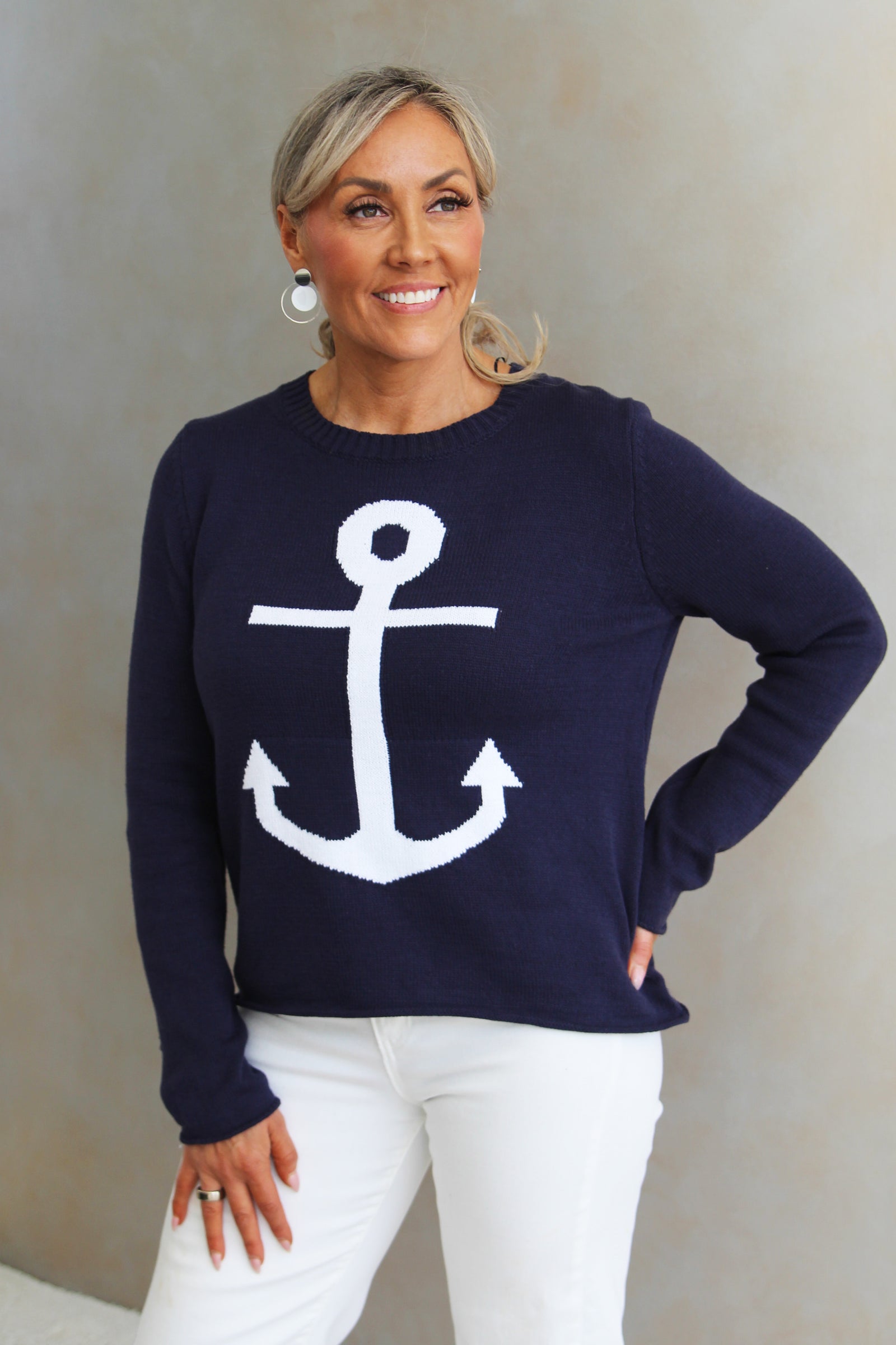 Long Sleeve Knit Nautical Anchor Beach Sweater