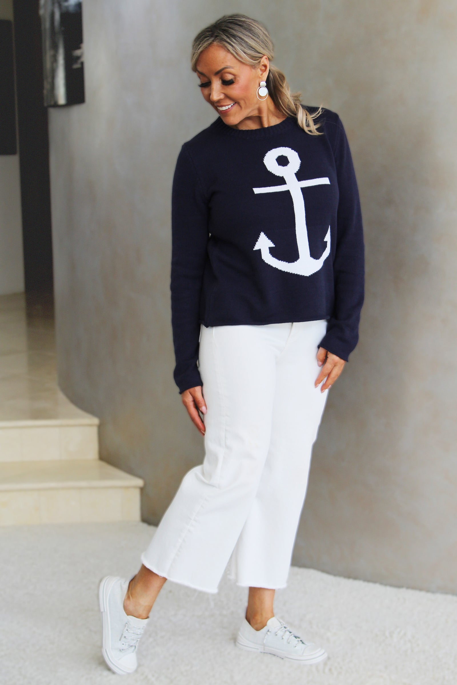 Long Sleeve Knit Nautical Anchor Beach Sweater