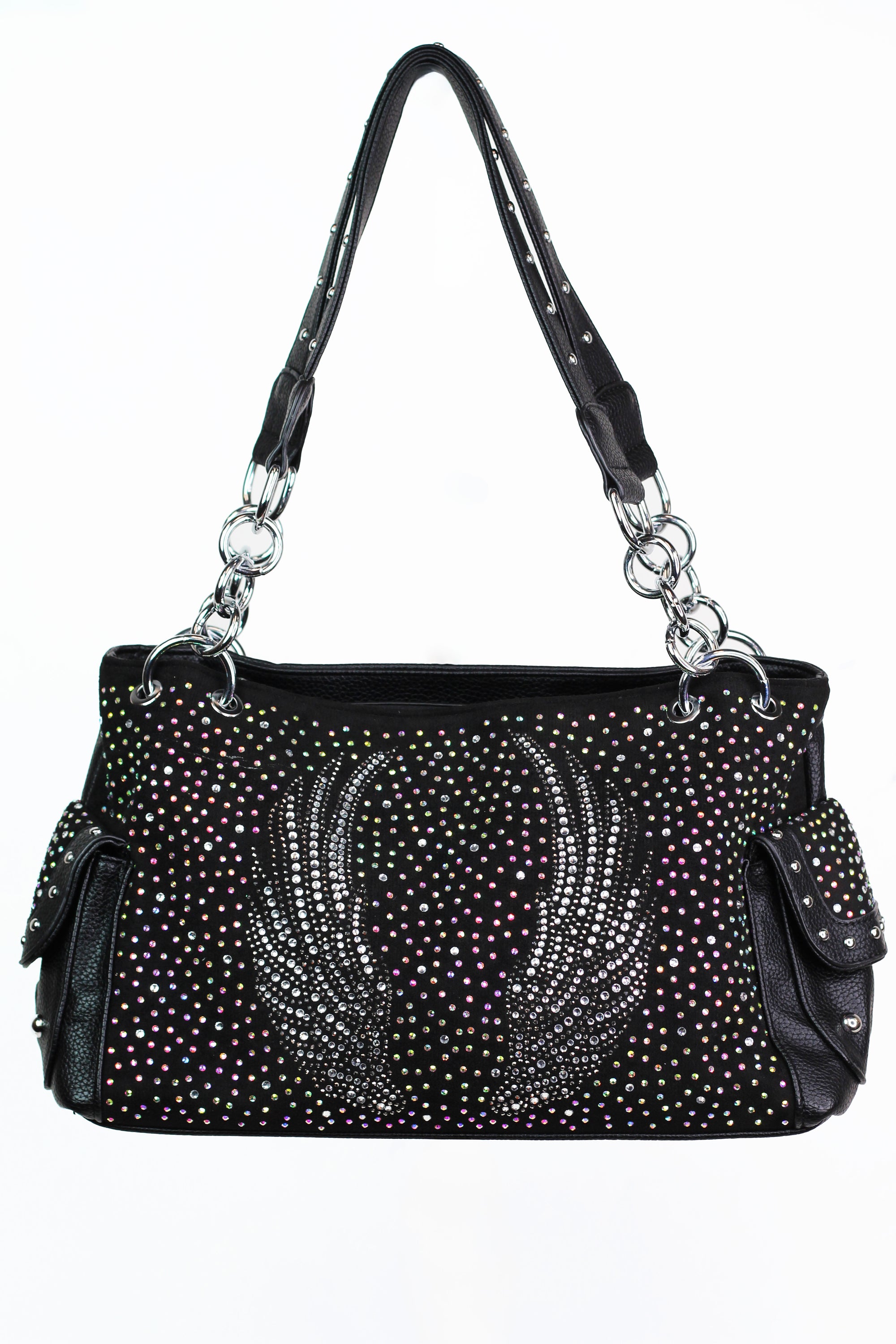 Rhinestone Angel Wings Embellished Handbag w/ Side Pockets