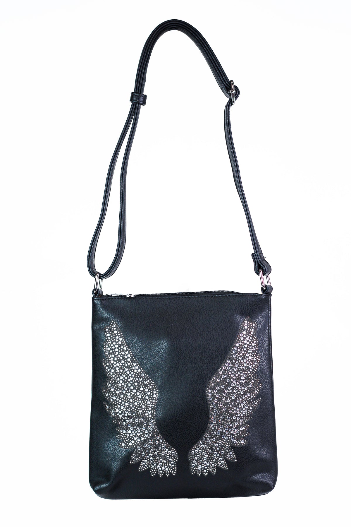 Faux Leather Crossbody Bag w/ Rhinestone Angel Wings