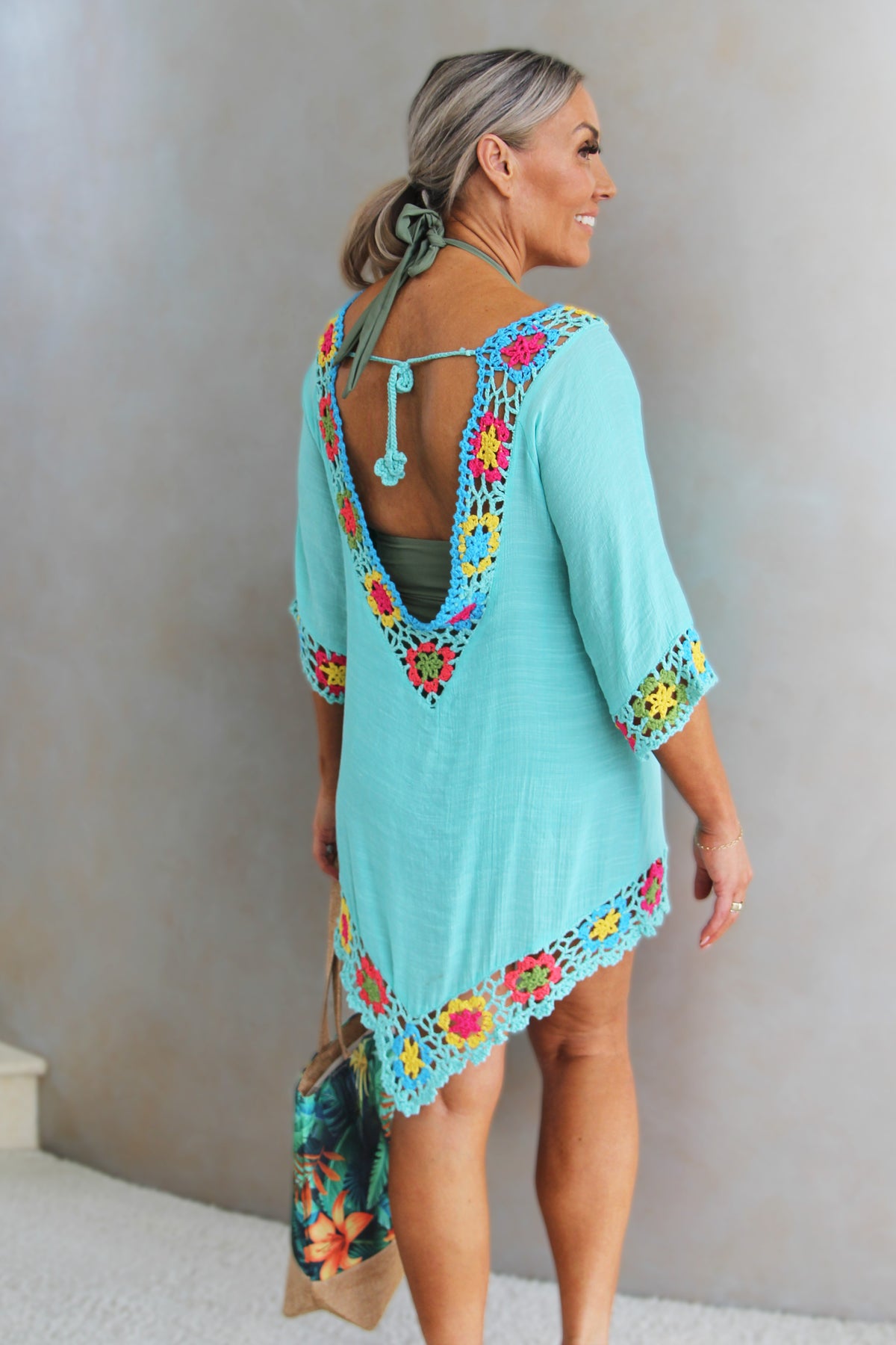 Linen & Crochet Bathing Suit Cover Up w/ Tie Back