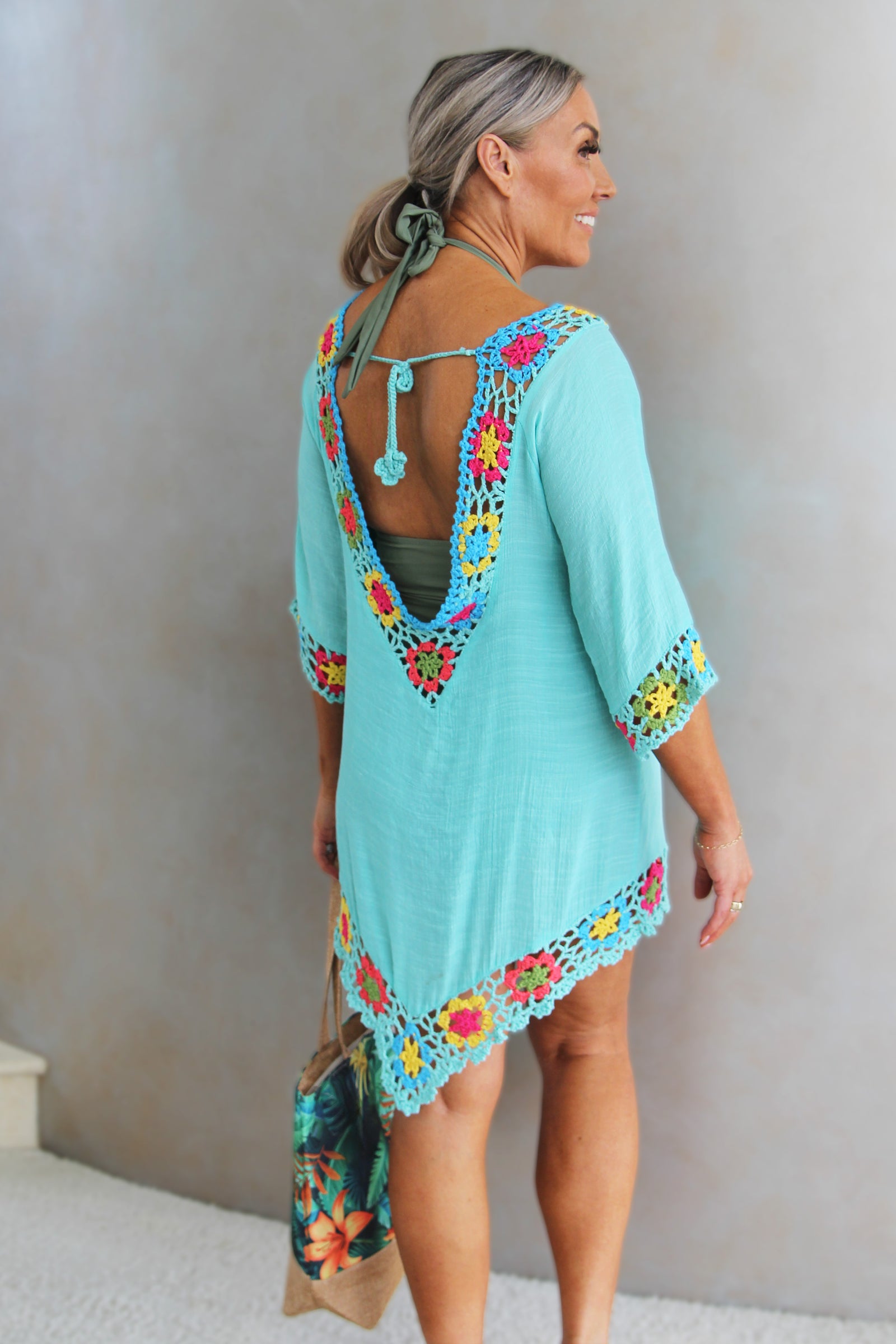 Linen & Crochet Bathing Suit Cover Up w/ Tie Back