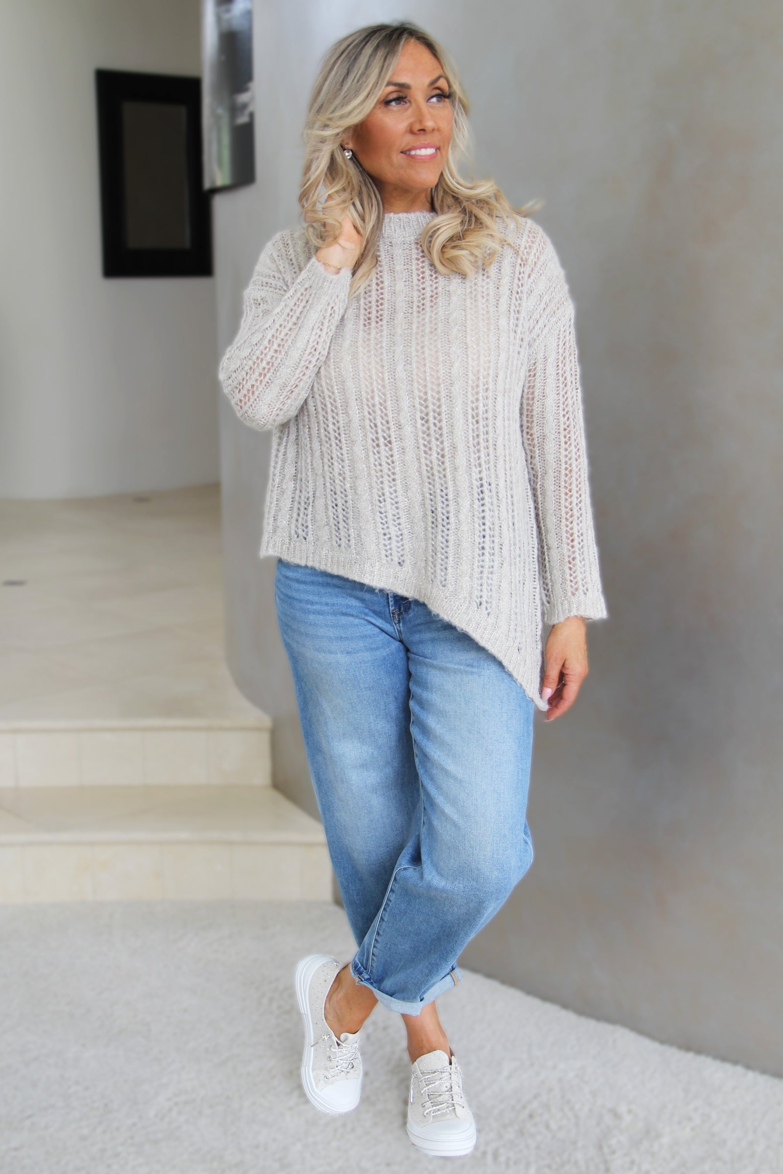 Asymmetrical Shimmer Knit Sweater