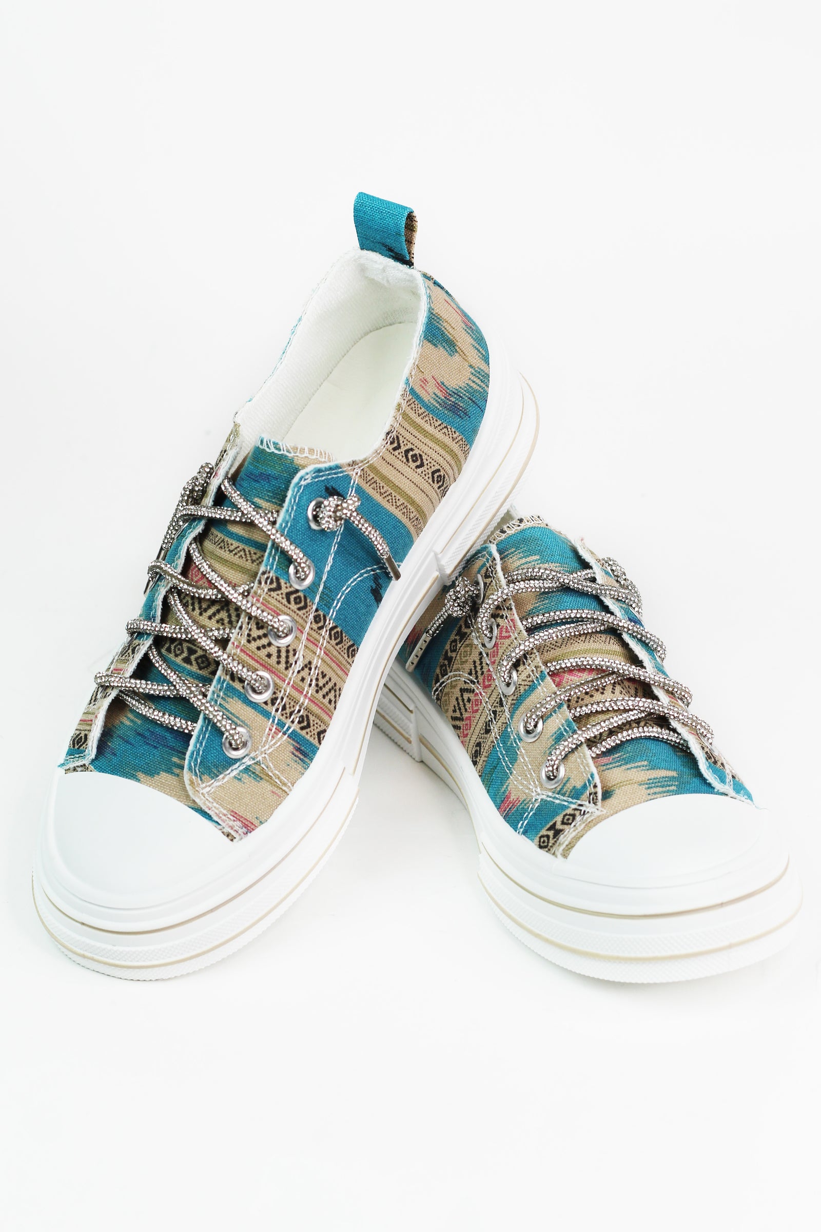 Aztec Print Canvas Sneakers w/ Rhinestone Shoe Laces