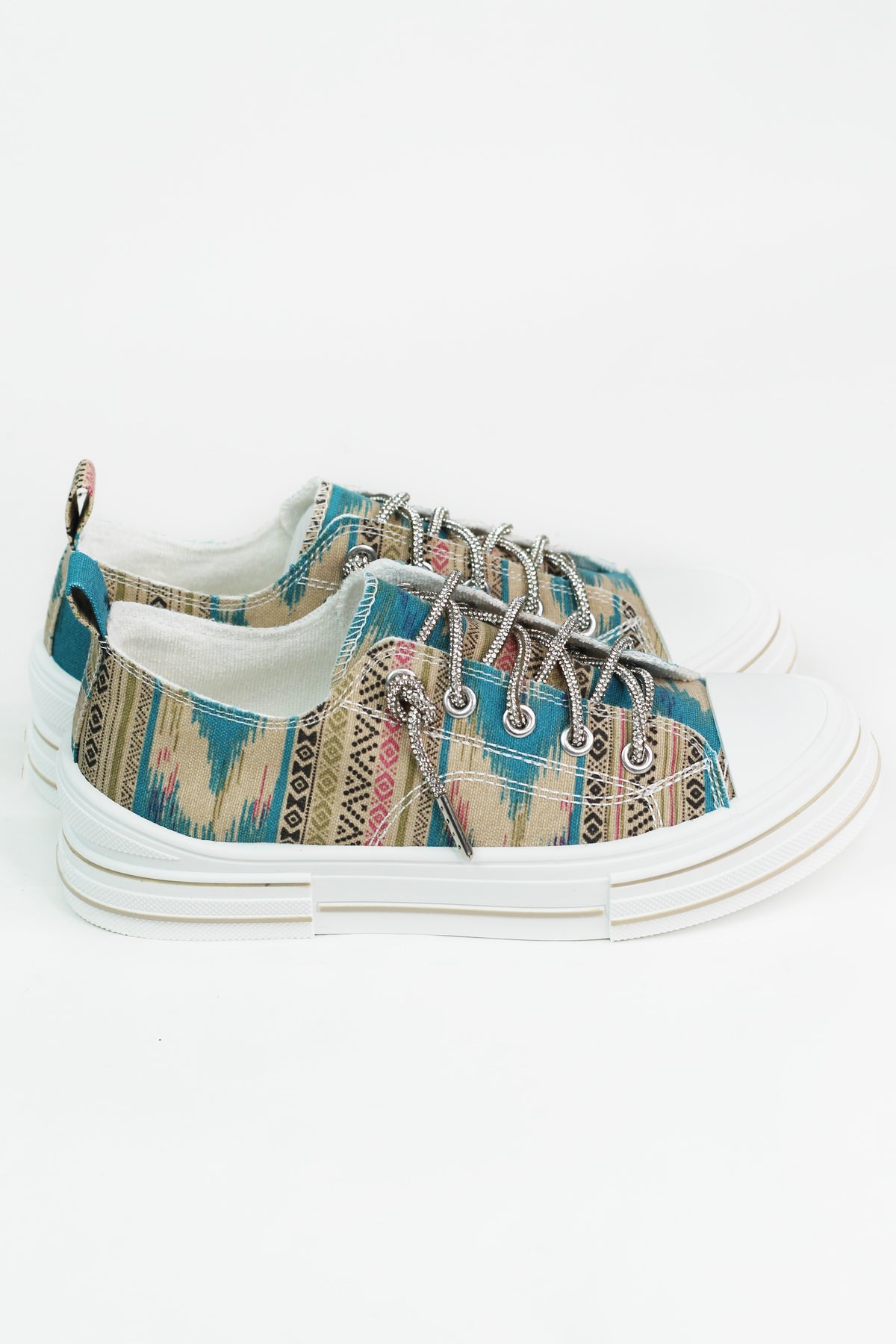 Aztec Print Canvas Sneakers w/ Rhinestone Shoe Laces