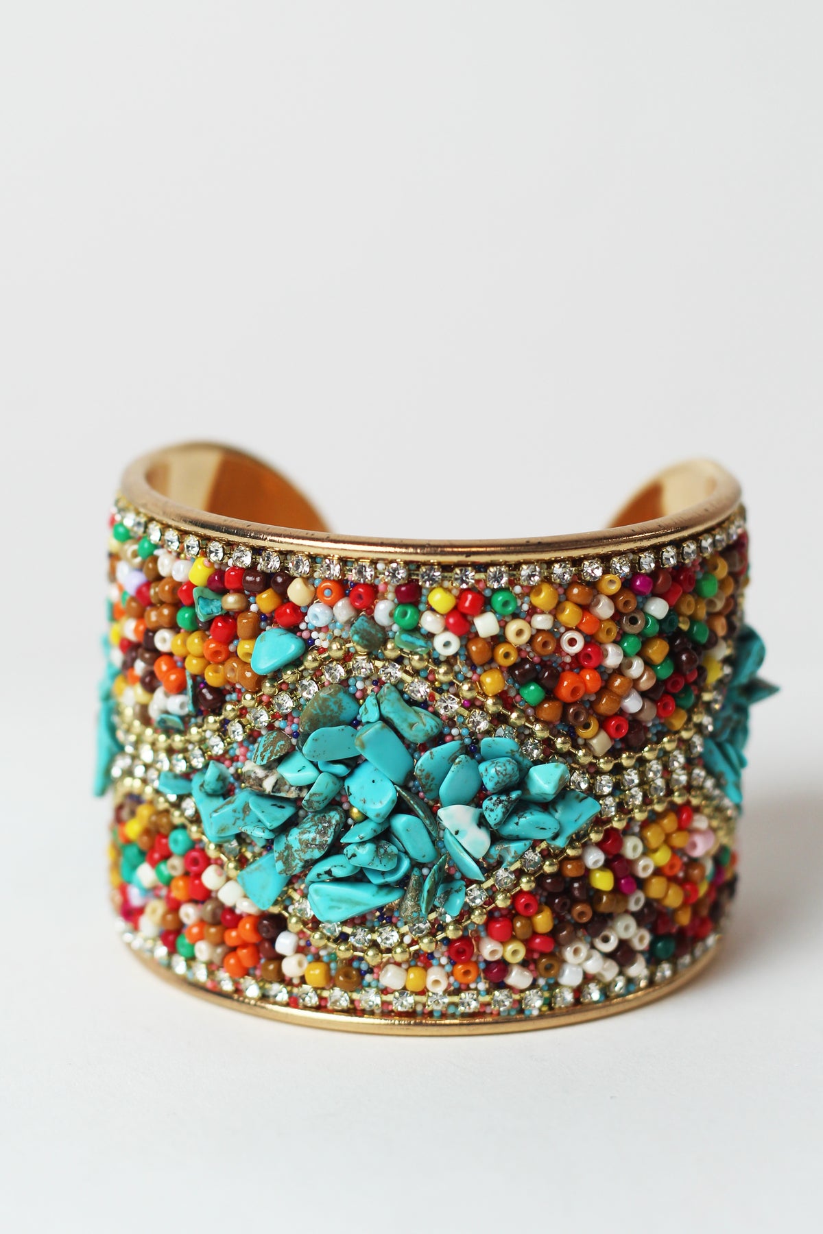 Multicolor Seed Beads &amp; Wavy Pave Thick Cuff