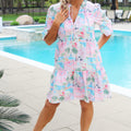 Beach Print V-Neck Boho Dress w/ Neck Ties