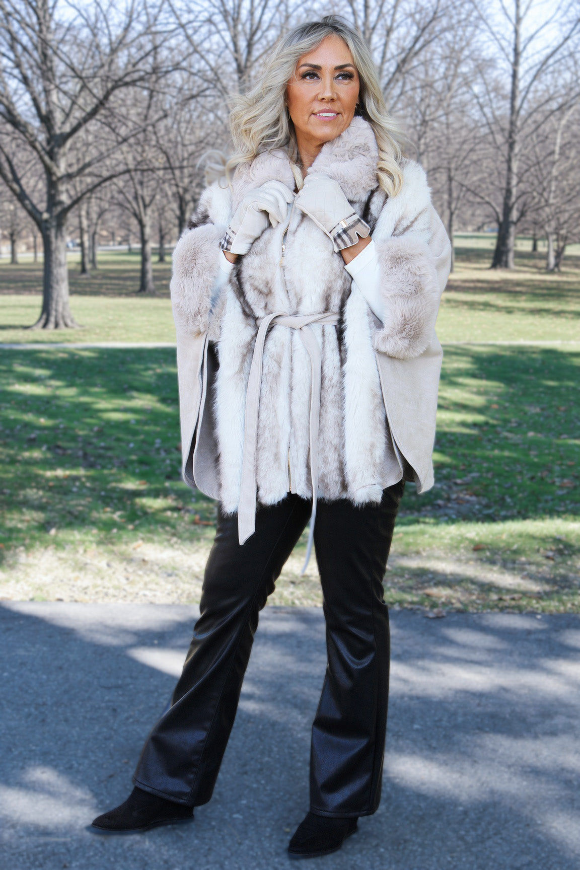 Faux Fur & Faux Suede Zip & Belted Cape