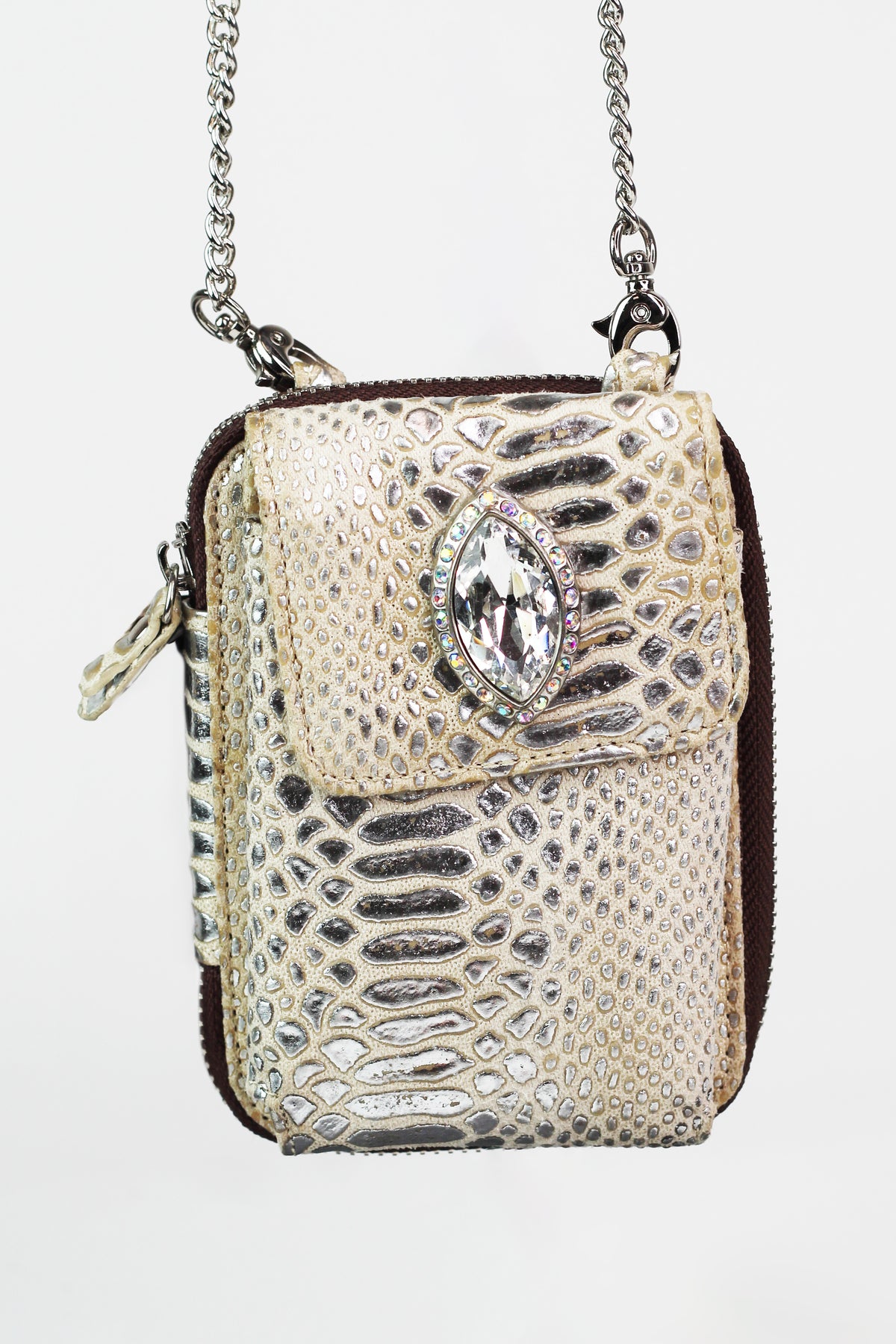 Faux Reptile Print Crossbody Zip Wallet w/ Front Stone