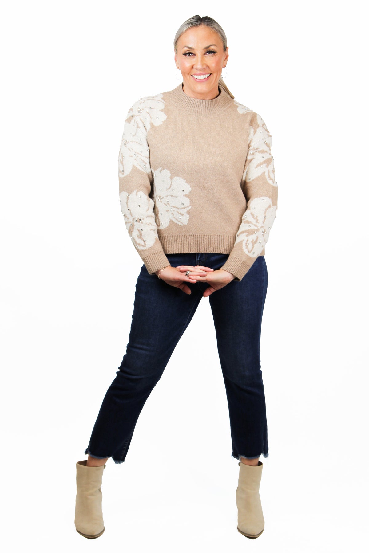 High Neck Long Sleeve Floral Pattern Sweater w/ Rhinestone Detail