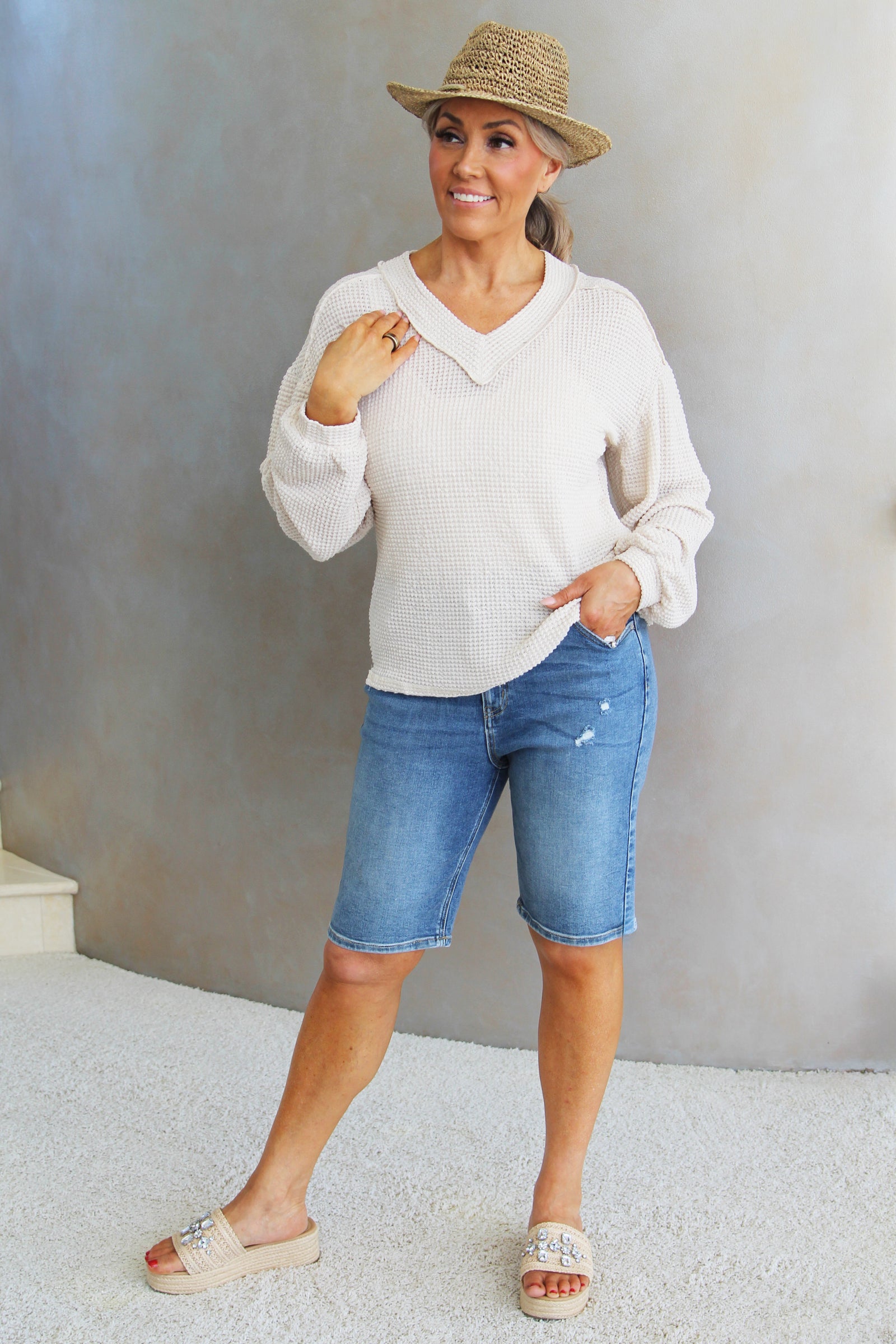 Lightweight Waffle Knit  Long Sleeve Sweater