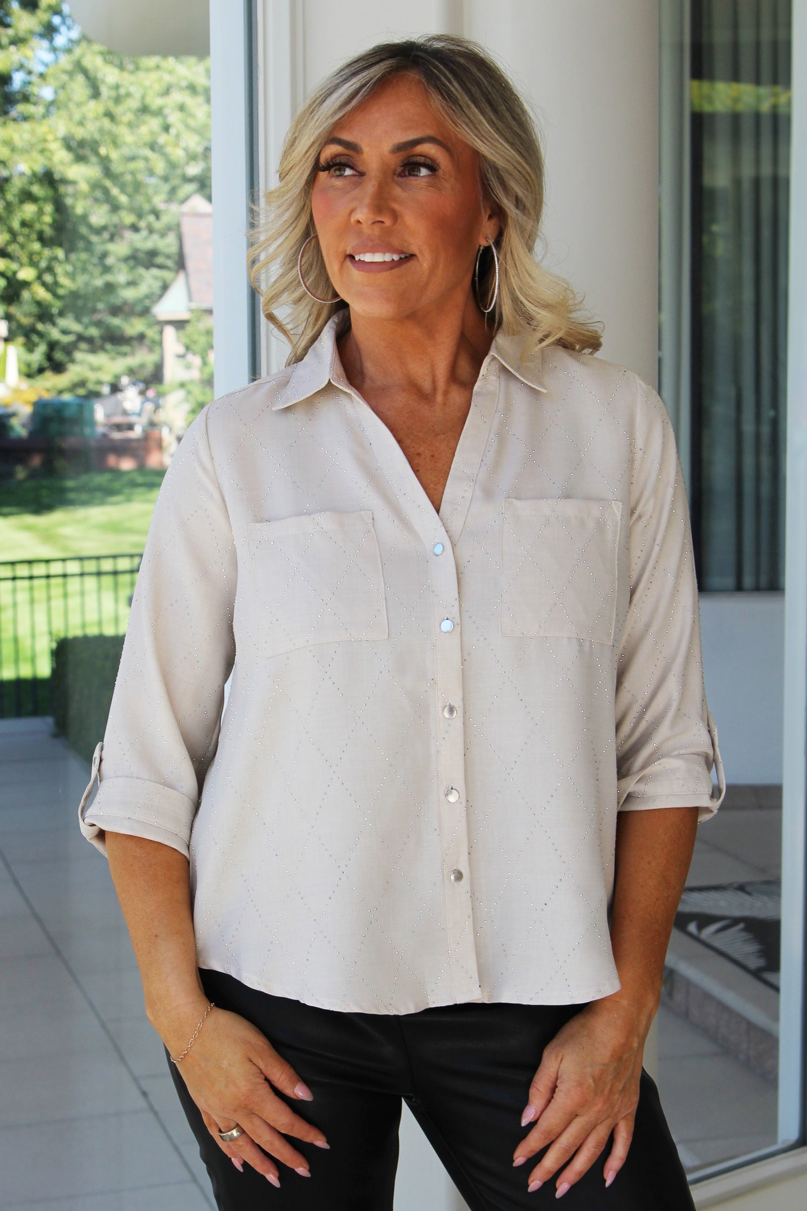 Diamond Pattern Rhinestone Button Down Shirt w/ Sleeve Tabs