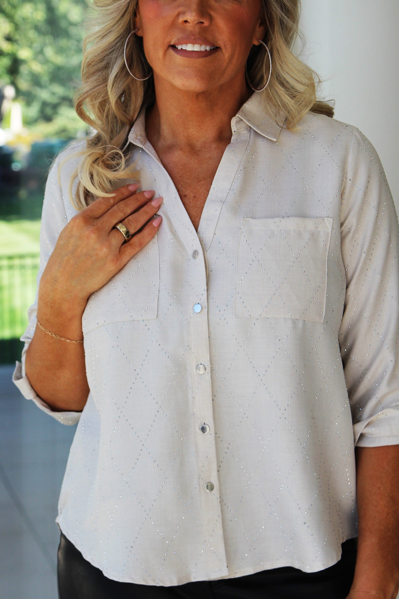 Diamond Pattern Rhinestone Button Down Shirt w/ Sleeve Tabs
