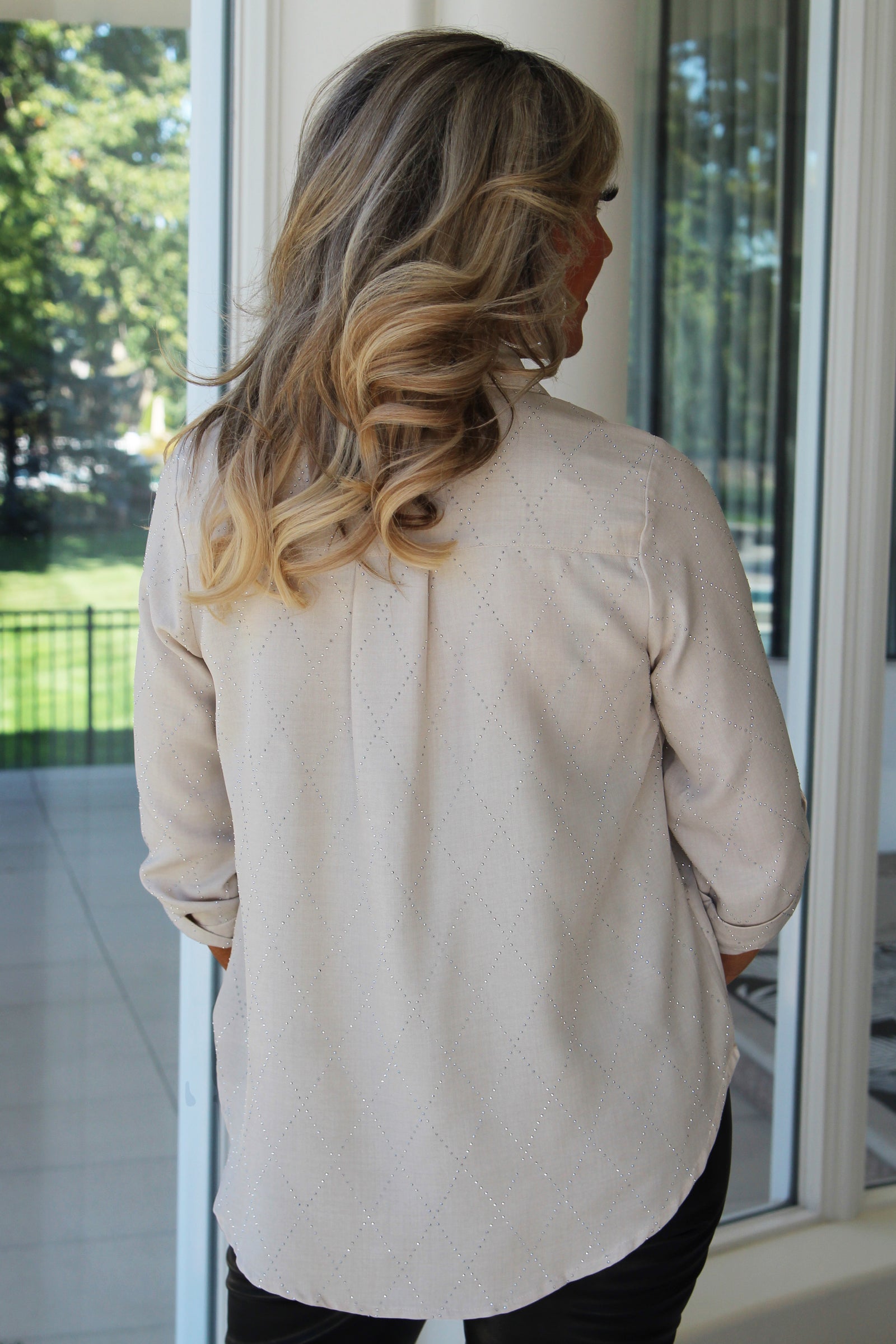 Diamond Pattern Rhinestone Button Down Shirt w/ Sleeve Tabs