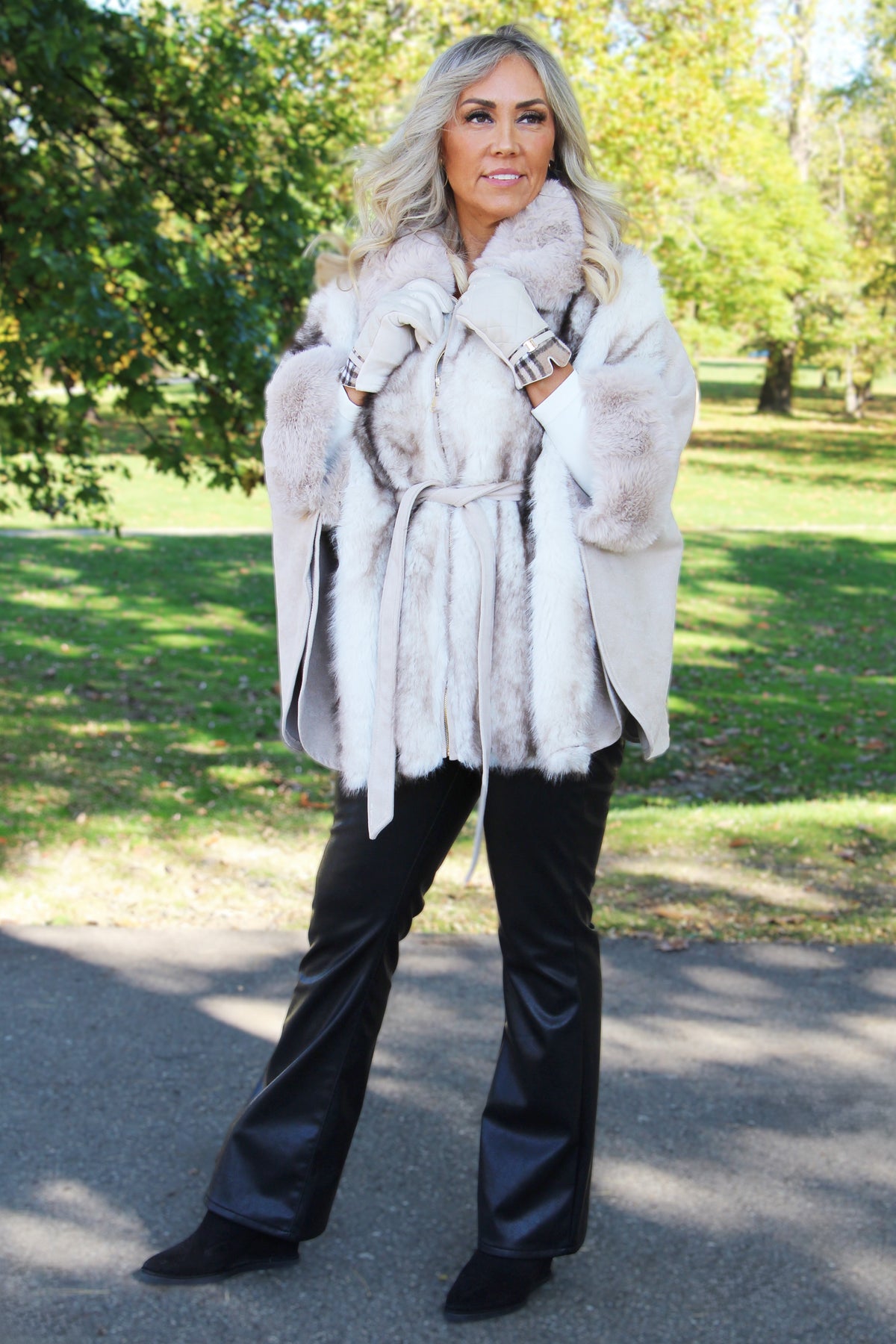 Faux Fur & Faux Suede Zip & Belted Cape