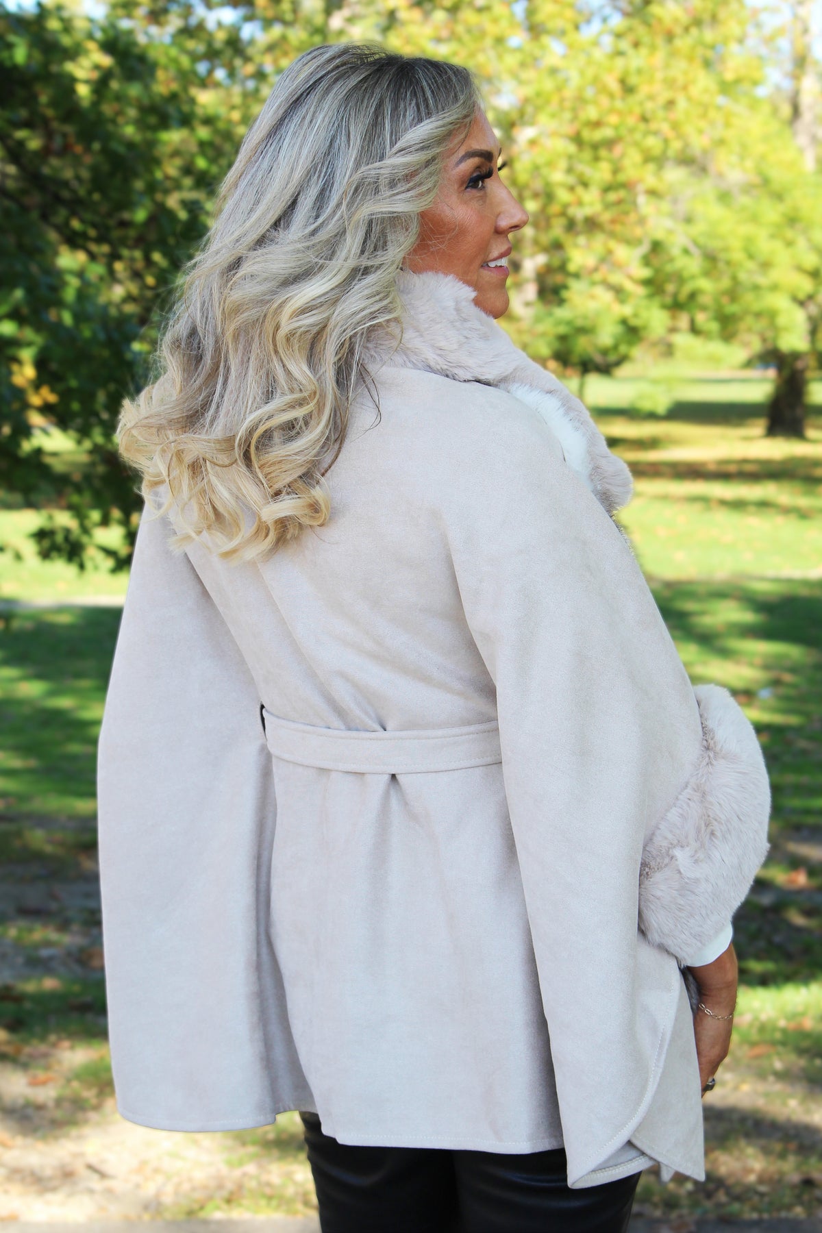 Faux Fur & Faux Suede Zip & Belted Cape