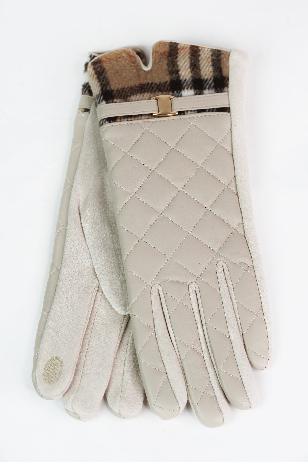 Quilted Faux Leather Gloves w/ Plaid Trim