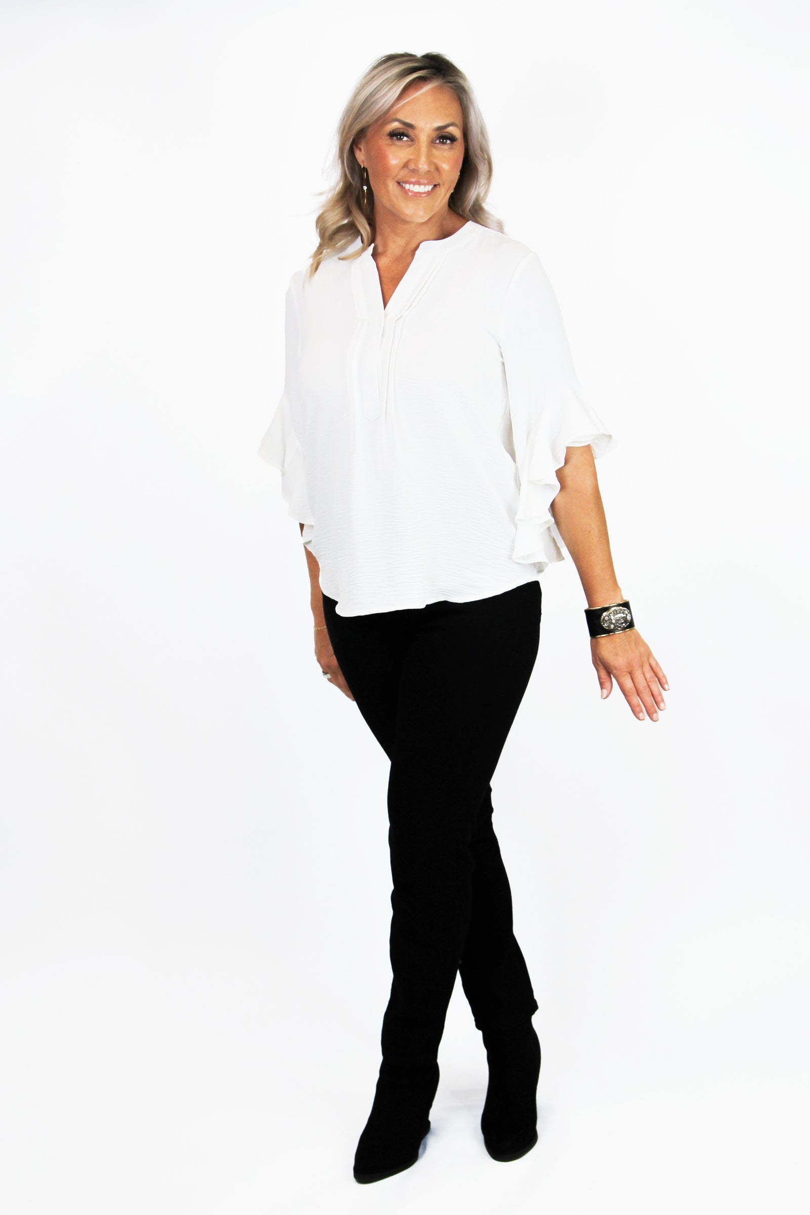 Ruffled Bell Sleeve Front Pleated Top