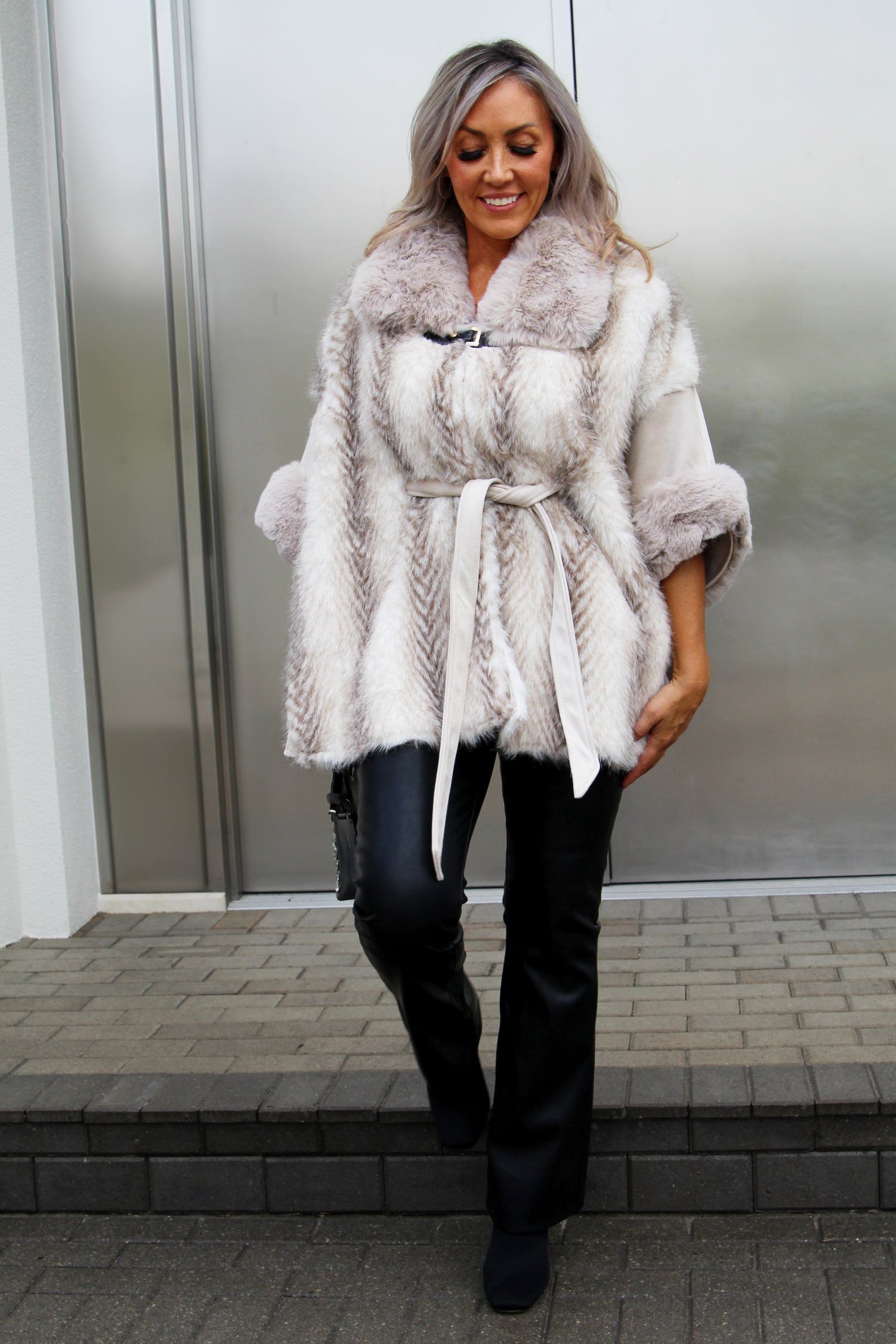 Suede Belted Cape w/Wide Vegan Fur Collar & Cuffs