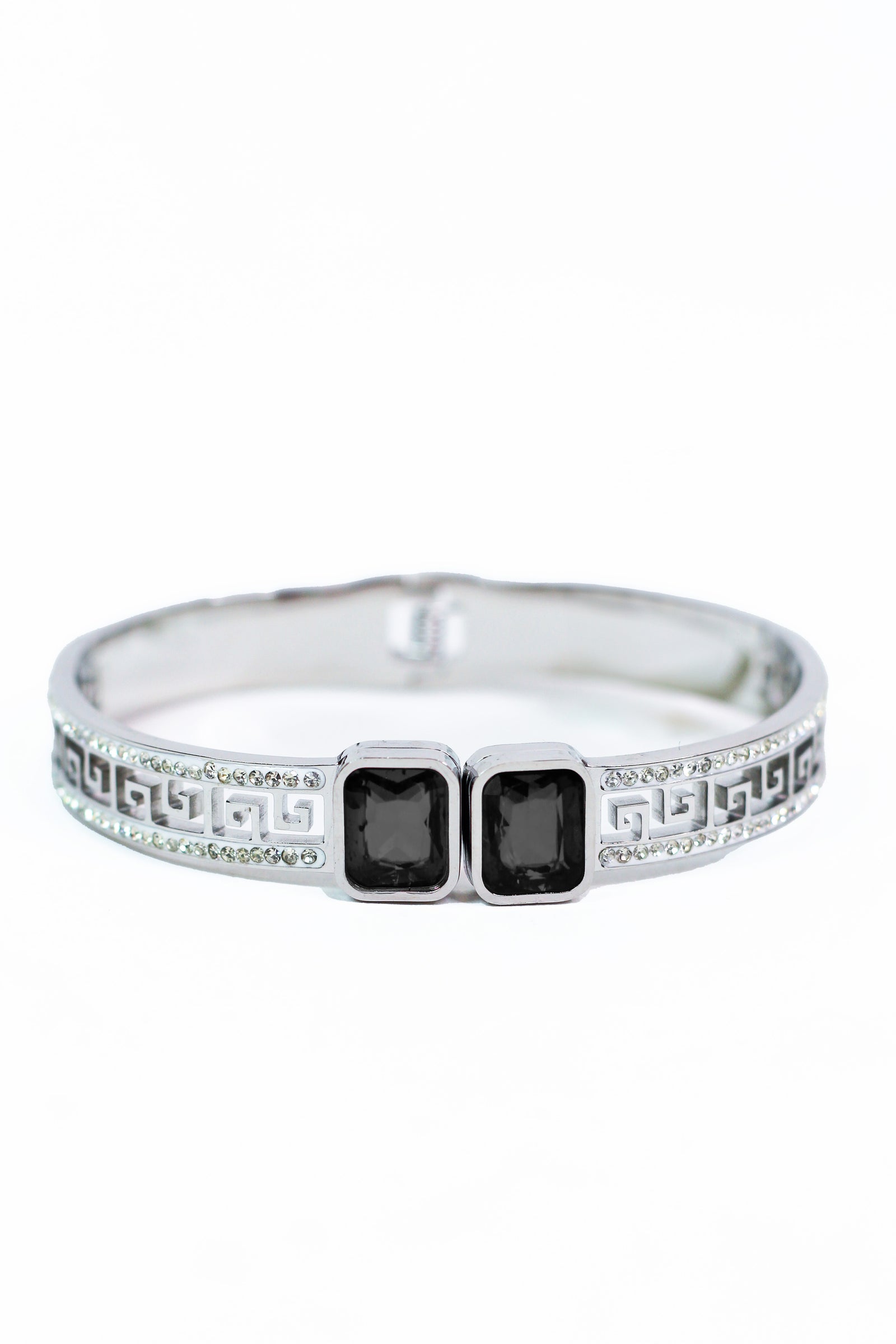 Pave Trimmed Greek Key Bangle w/ Square Ends