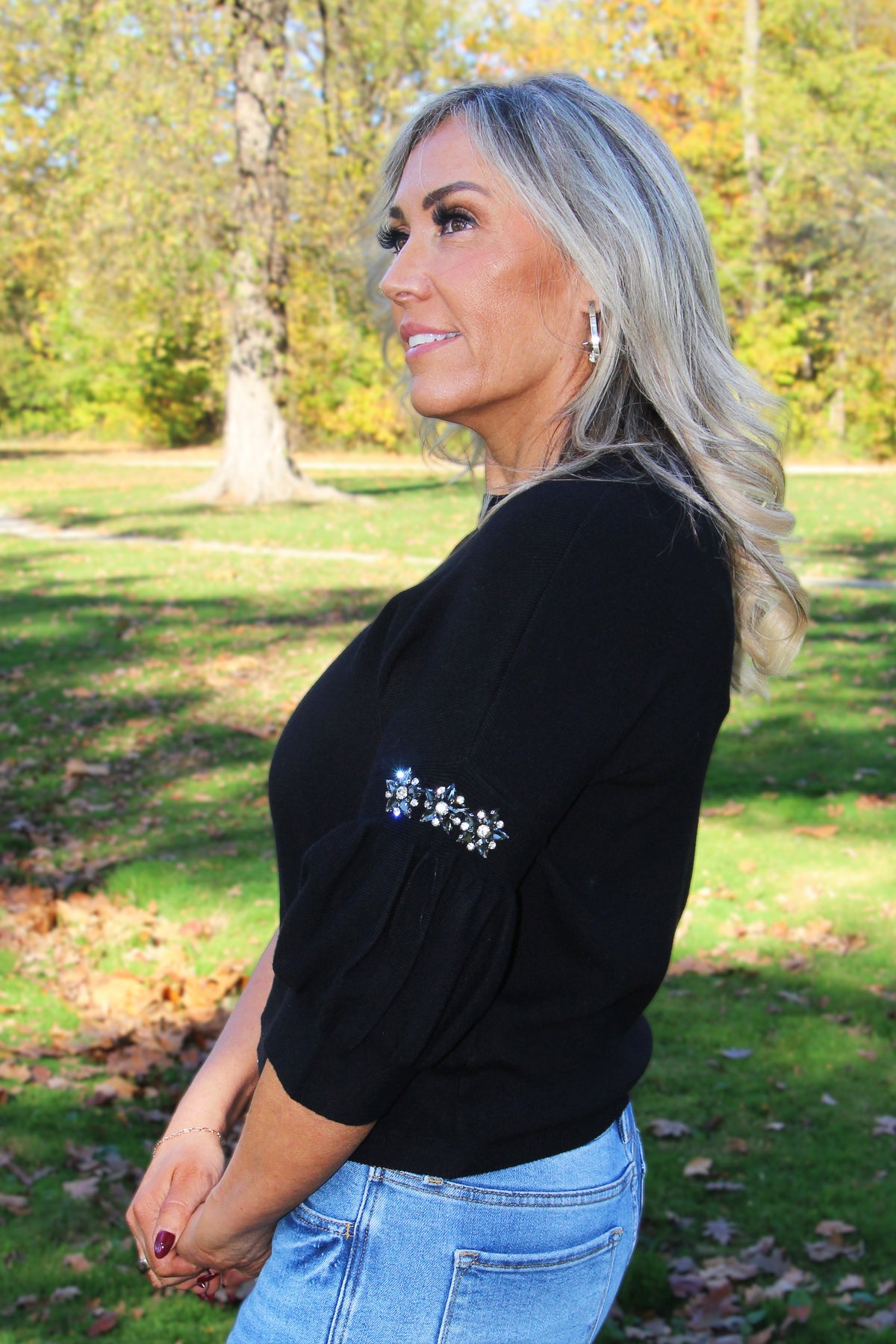 Puff Sleeve Sweater w/ Rhinestone Flower Accents