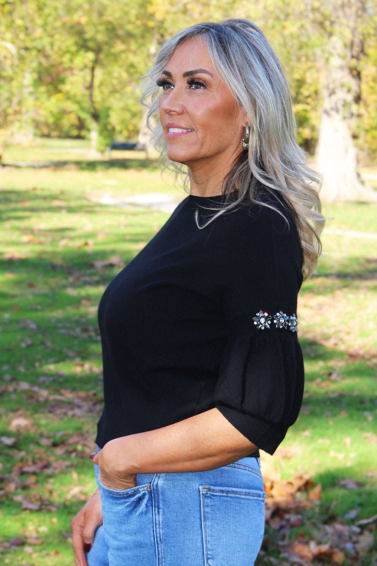 Puff Sleeve Sweater w/ Rhinestone Flower Accents