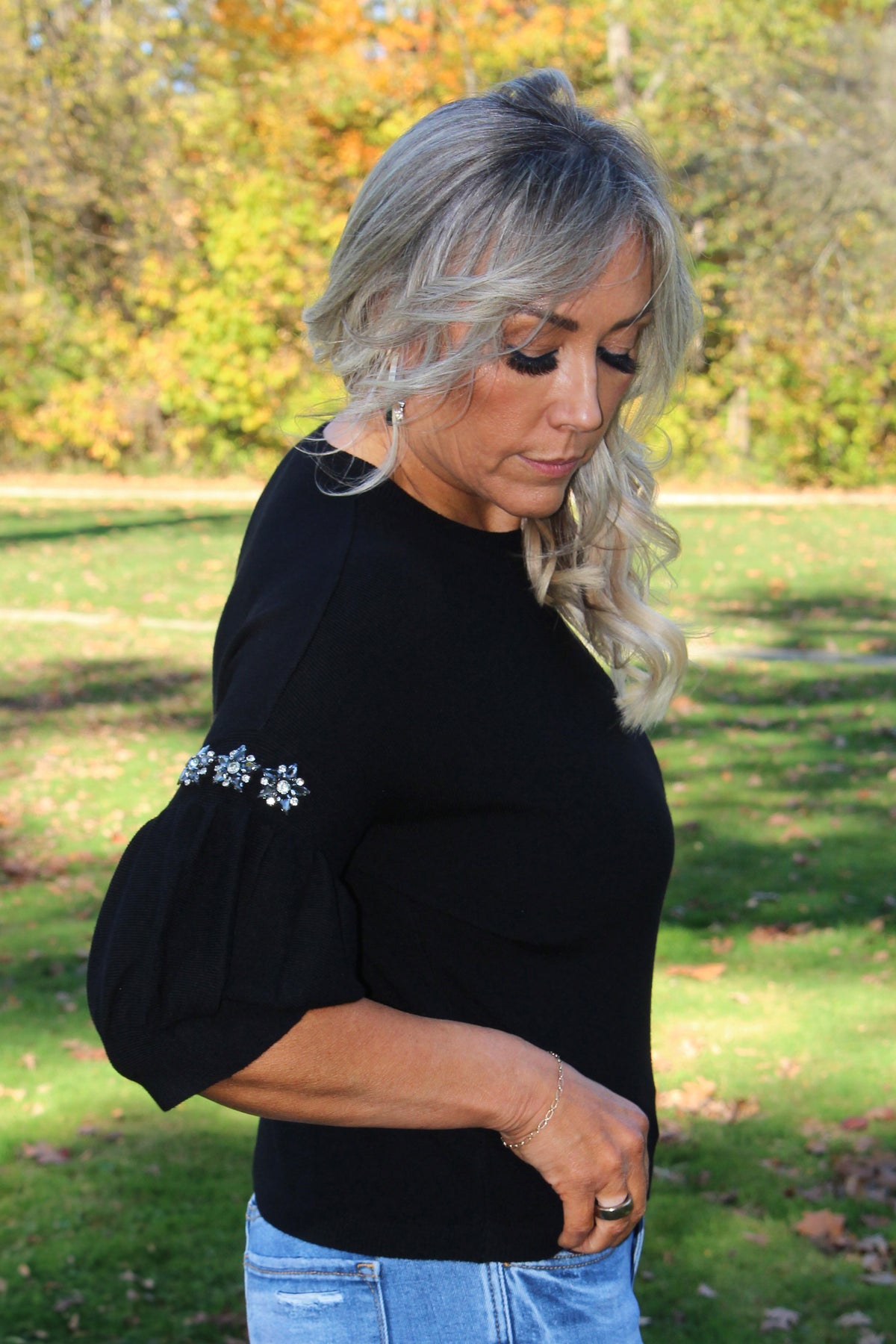 Puff Sleeve Sweater w/ Rhinestone Flower Accents