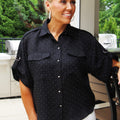 Rhinestone Covered Button Down Top w/ Buckle Sleeve Tabs
