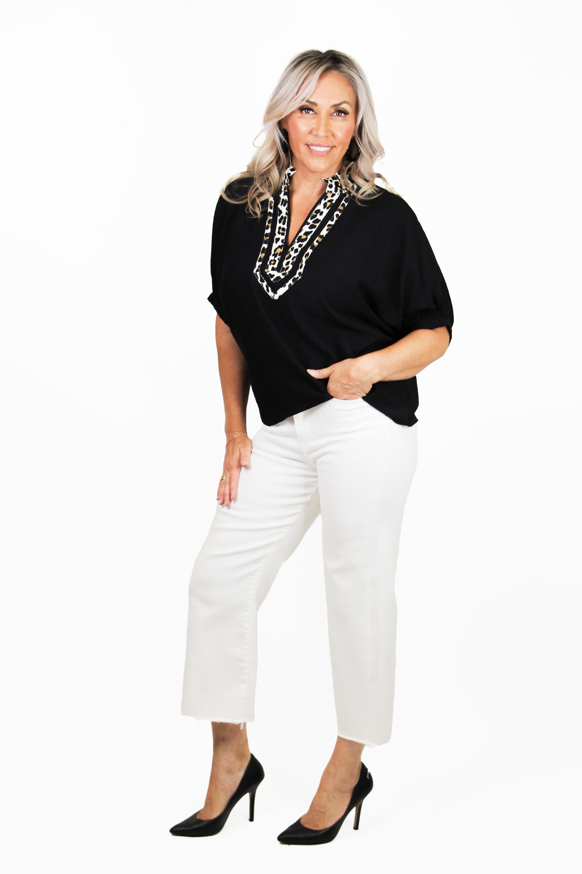 Oversized Top w/ Elastic Sleeves and Leopard Print Neck Trim