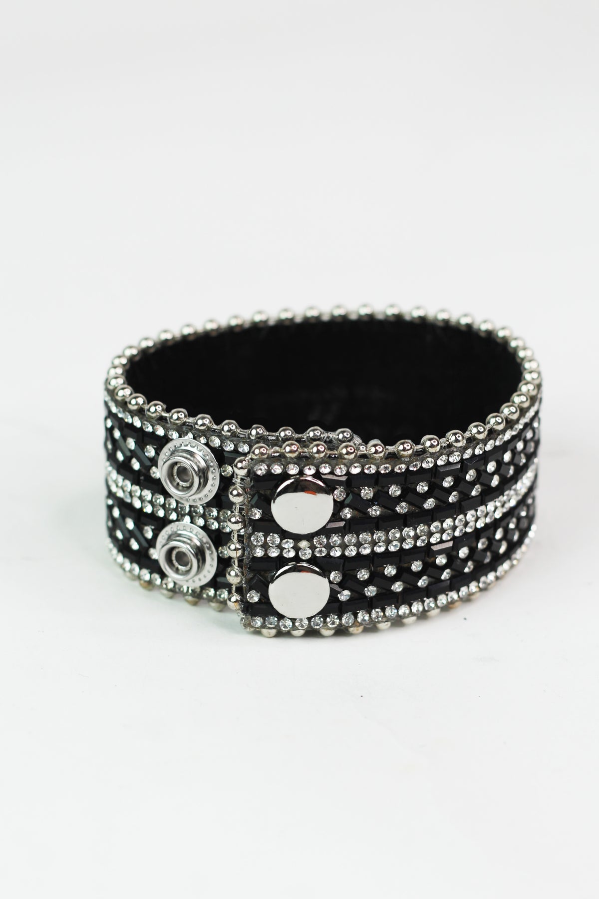 Rhinestone & Baguette Stripes Genuine Leather Snap Bracelet