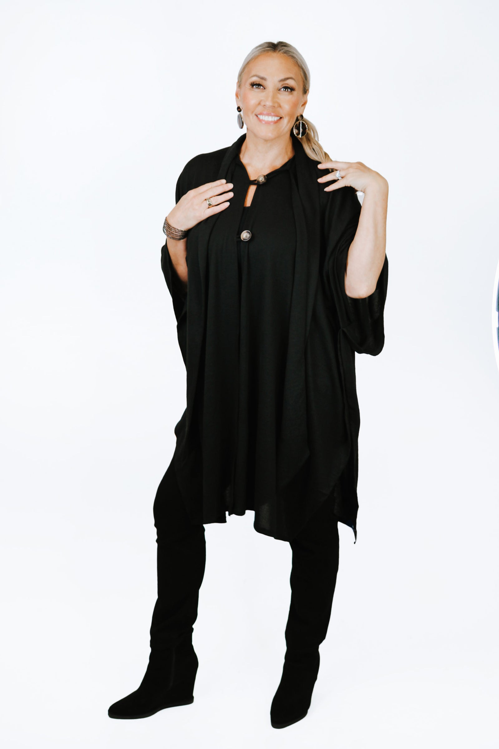 Knit Cape w/ Top Button Closure & Attached Scarf