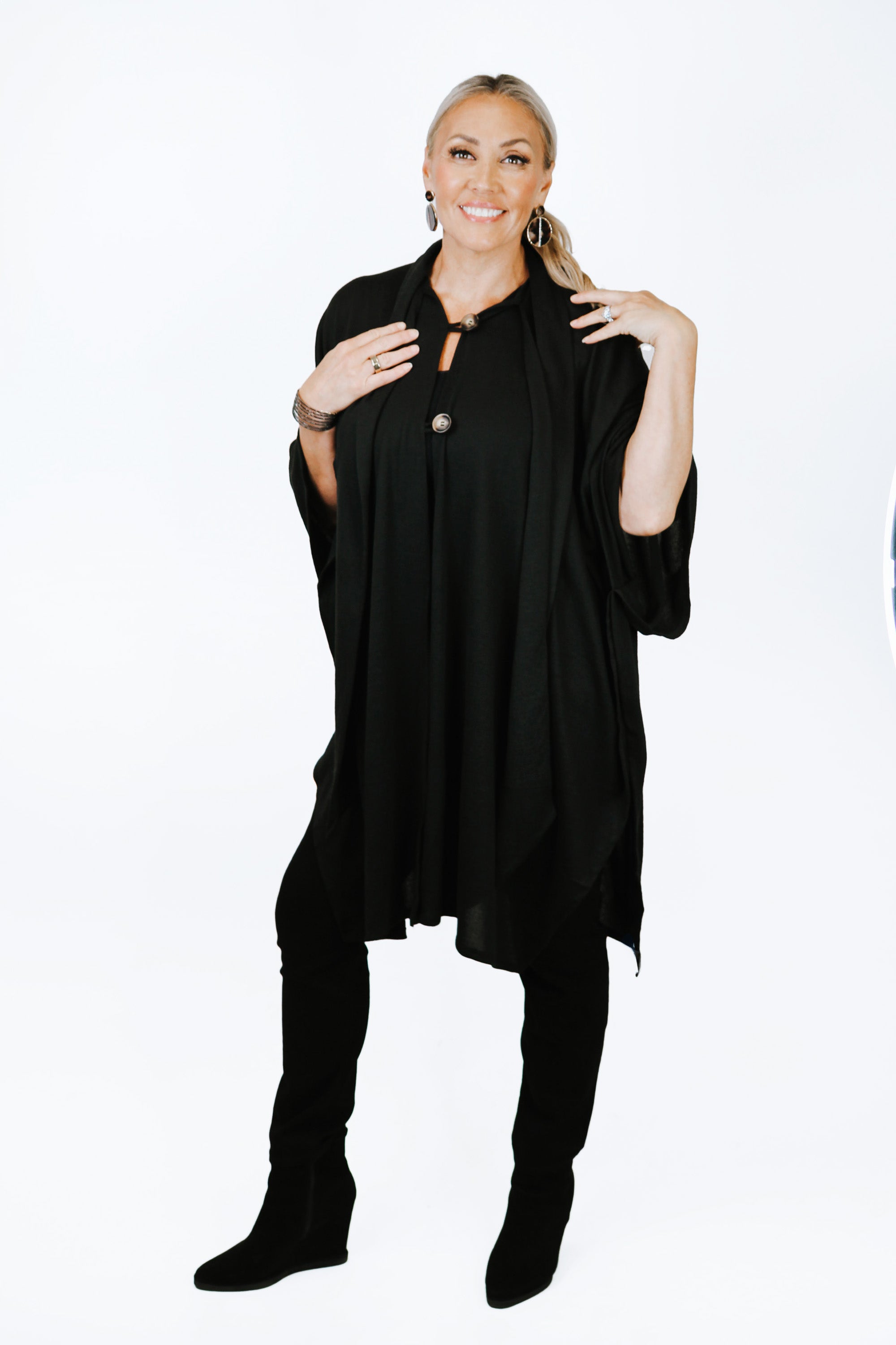 Knit Cape w/ Top Button Closure & Attached Scarf