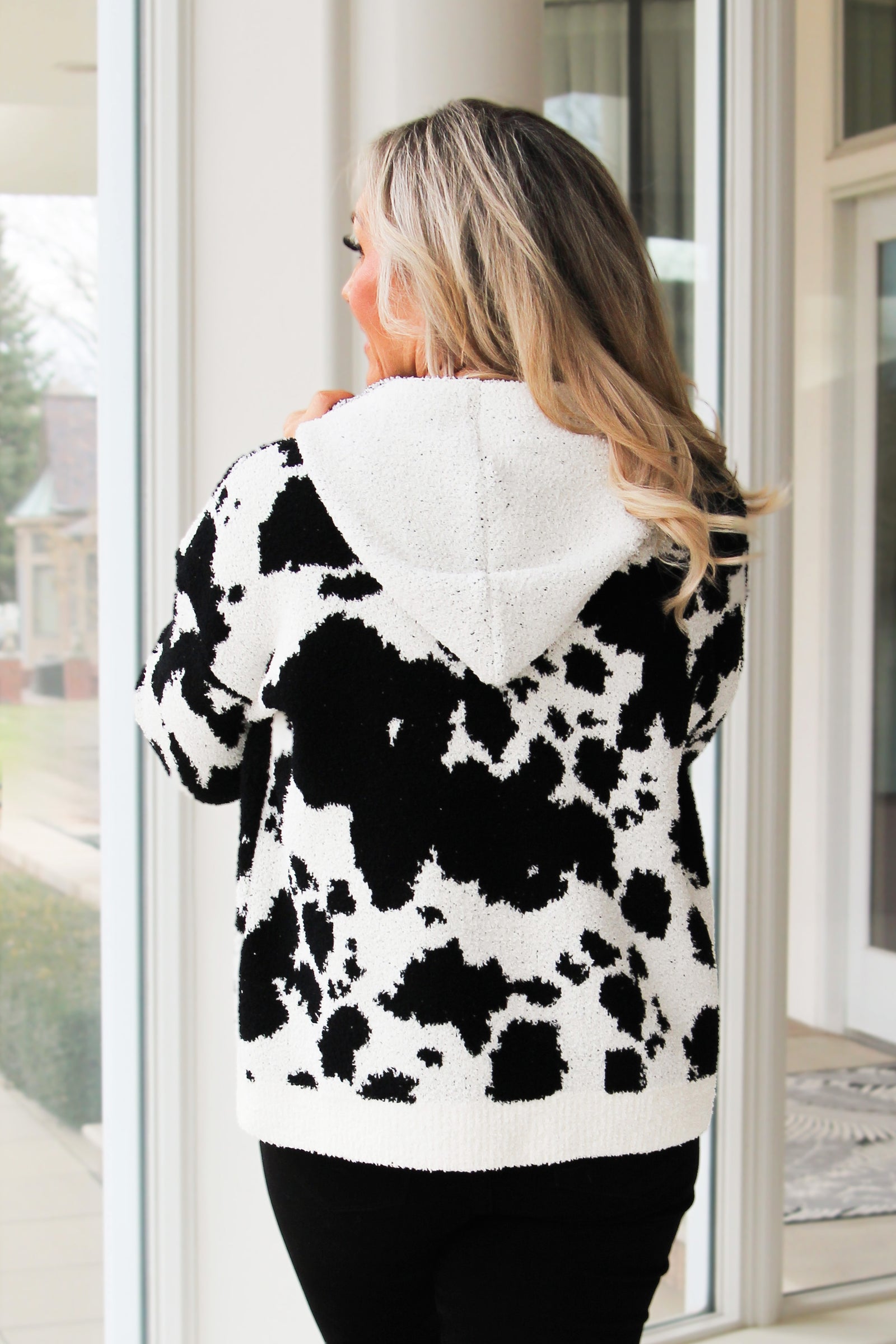 Cow Print Pull Over Hoodie w/ Front Pocket