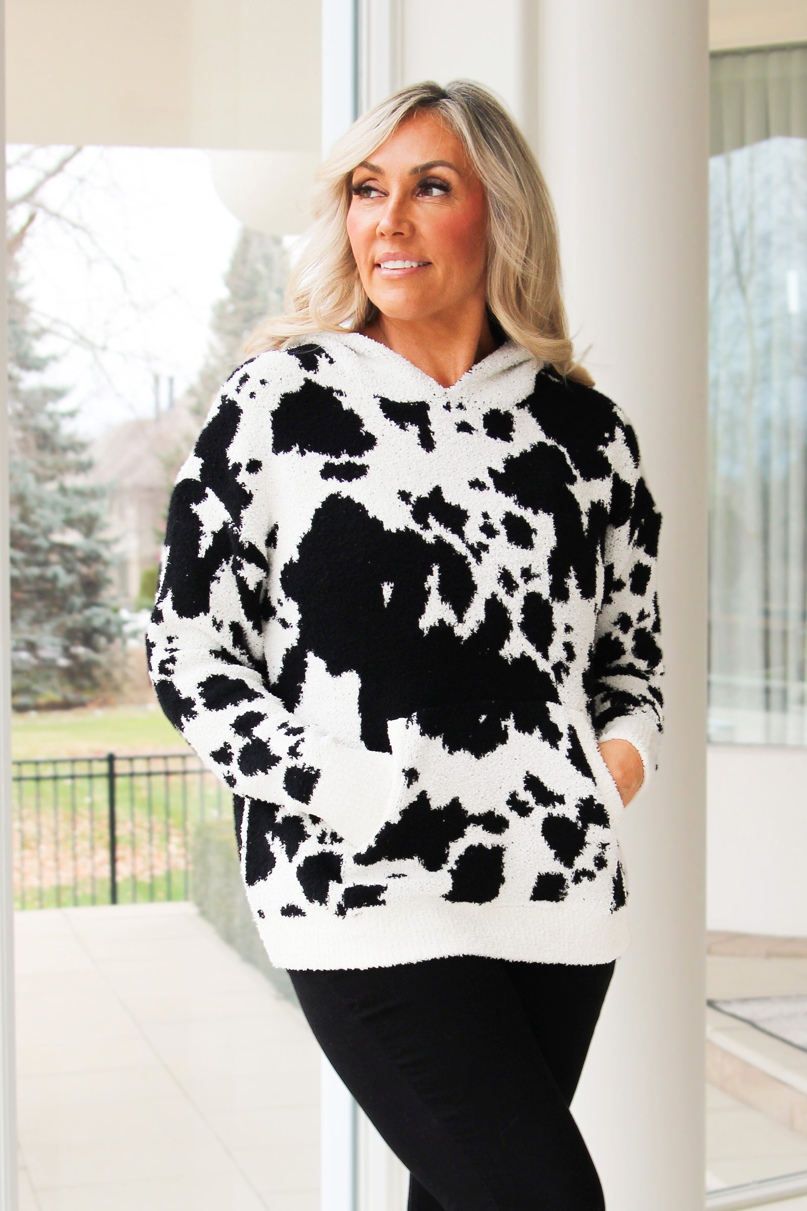 Cow Print Pull Over Hoodie w/ Front Pocket