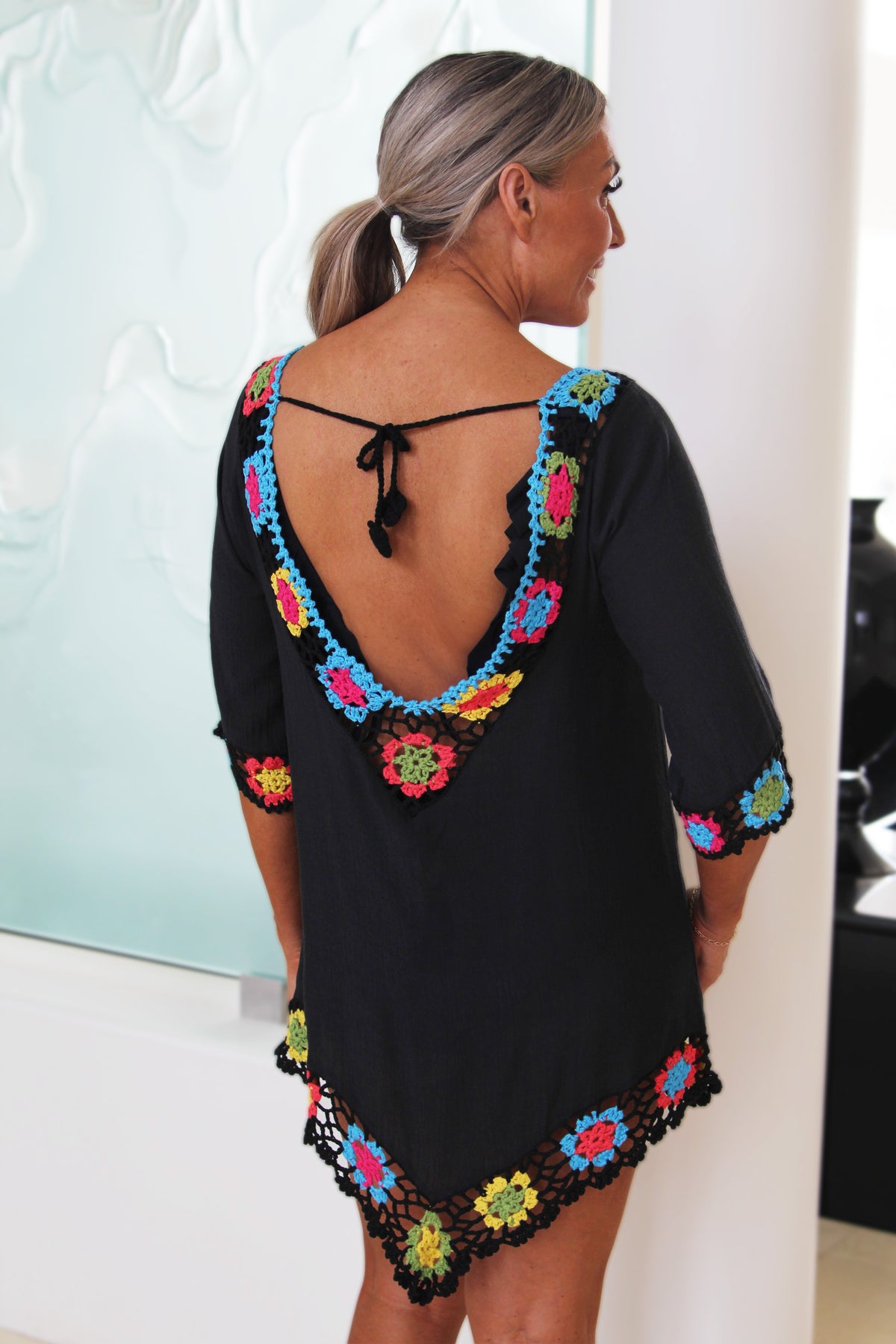 Linen & Crochet Bathing Suit Cover Up w/ Tie Back