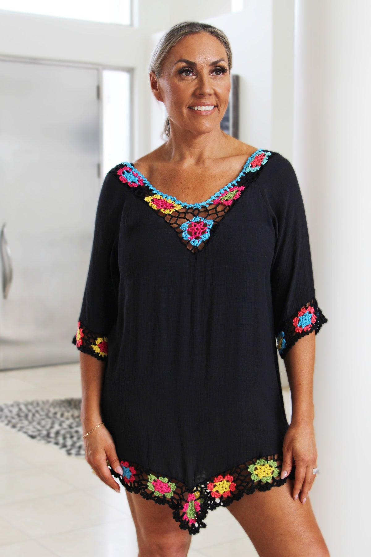 Linen & Crochet Bathing Suit Cover Up w/ Tie Back