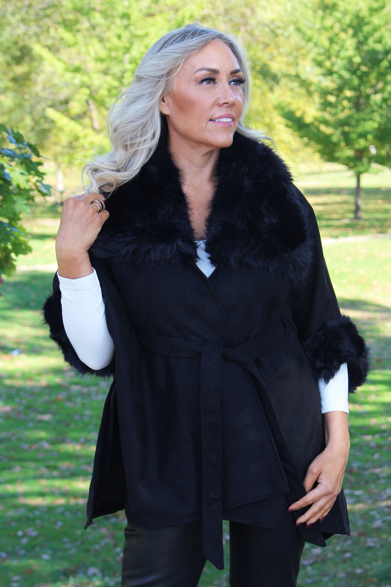 Faux Suede & Faux Fur Belted Cape w/ Wide Collar