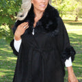 Faux Suede & Faux Fur Belted Cape w/ Wide Collar
