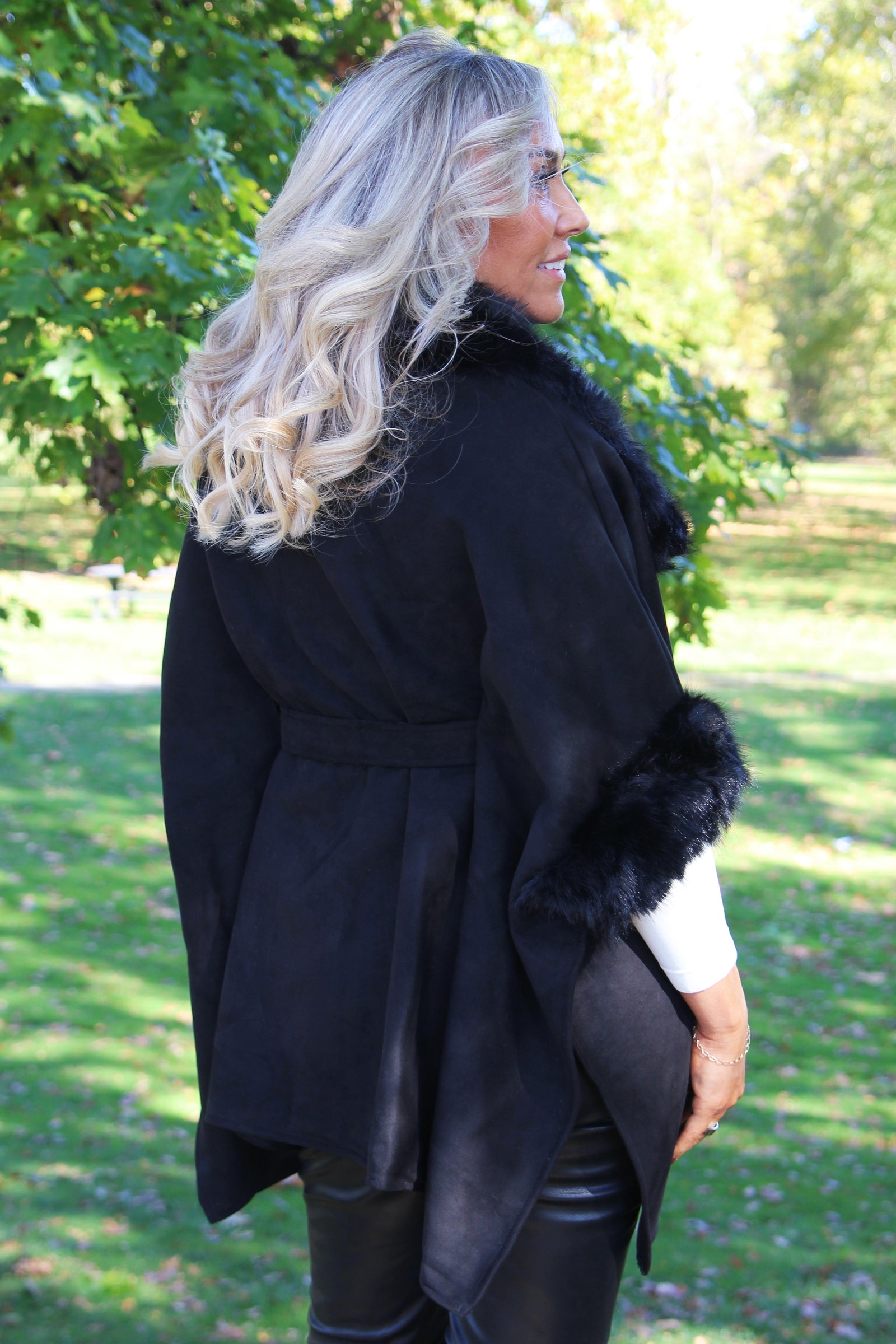Faux Suede & Faux Fur Belted Cape w/ Wide Collar