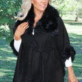 Faux Suede & Faux Fur Belted Cape w/ Wide Collar